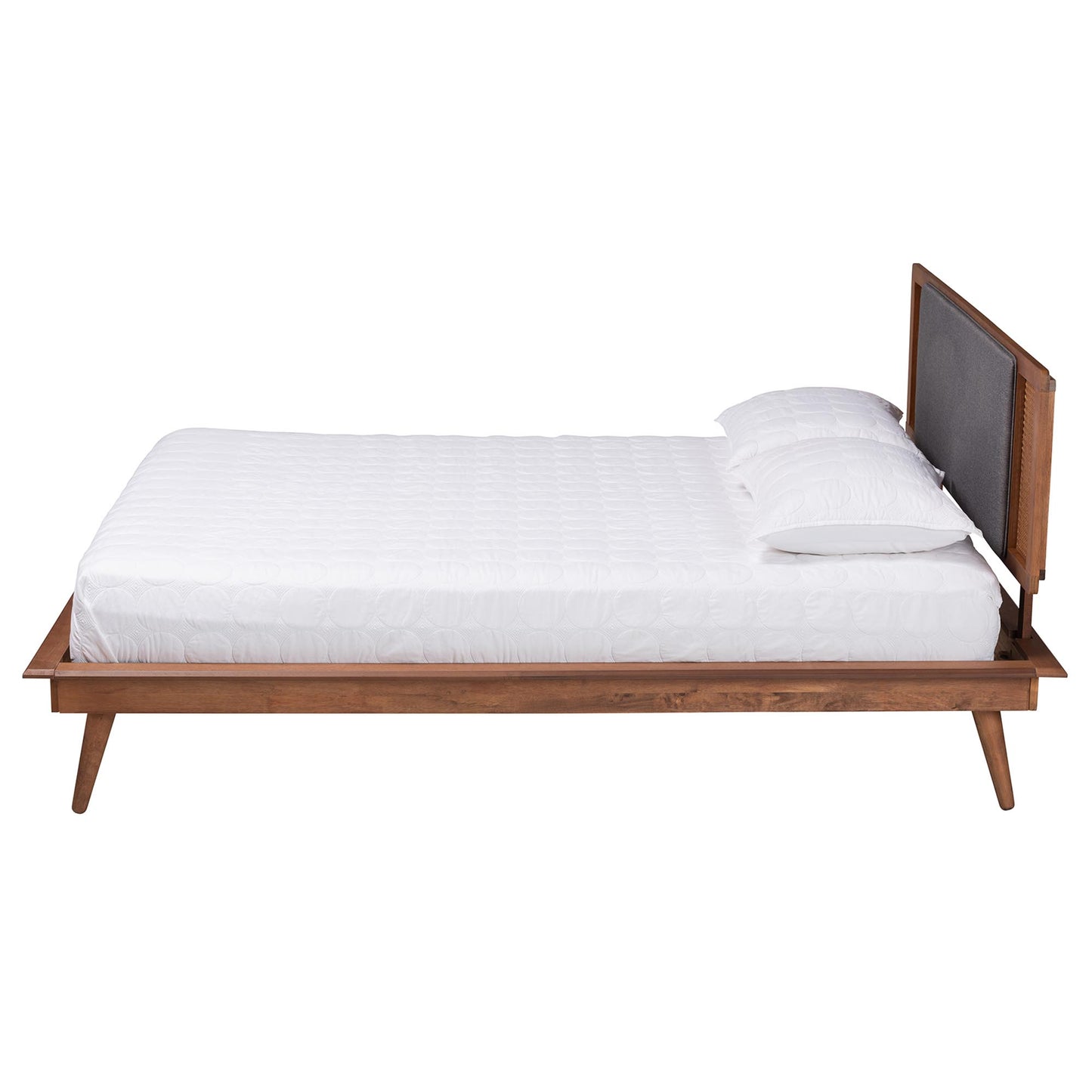 Baxton Studio Delfina Mid-Century Modern Dark Grey Fabric and Walnut Brown Finished Wood King Size Platform Bed | Beds | Modishstore - 3