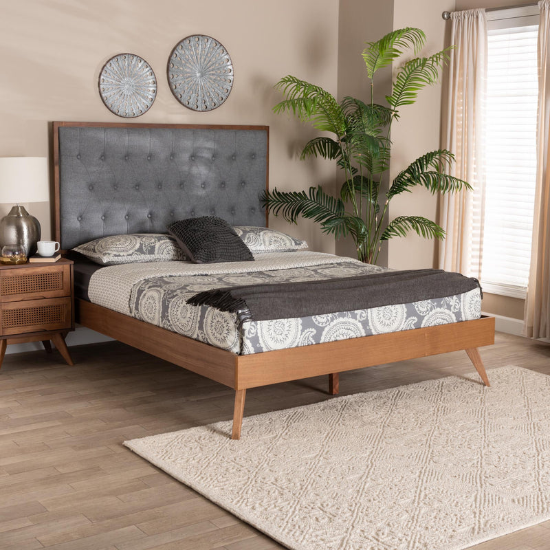 Baxton Studio Dericia Classic and Traditional Grey Fabric and Walnut Brown Finished Wood King Size Platform Bed | Beds | Modishstore