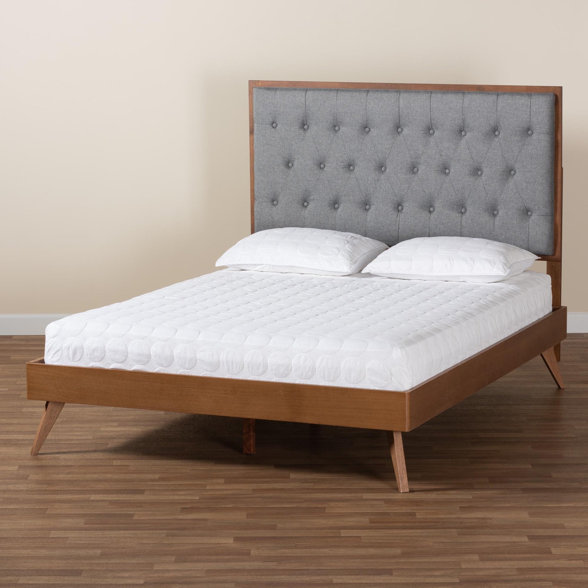 Baxton Studio Dericia Classic and Traditional Grey Fabric and Walnut Brown Finished Wood Queen Size Platform Bed | Beds | Modishstore - 10