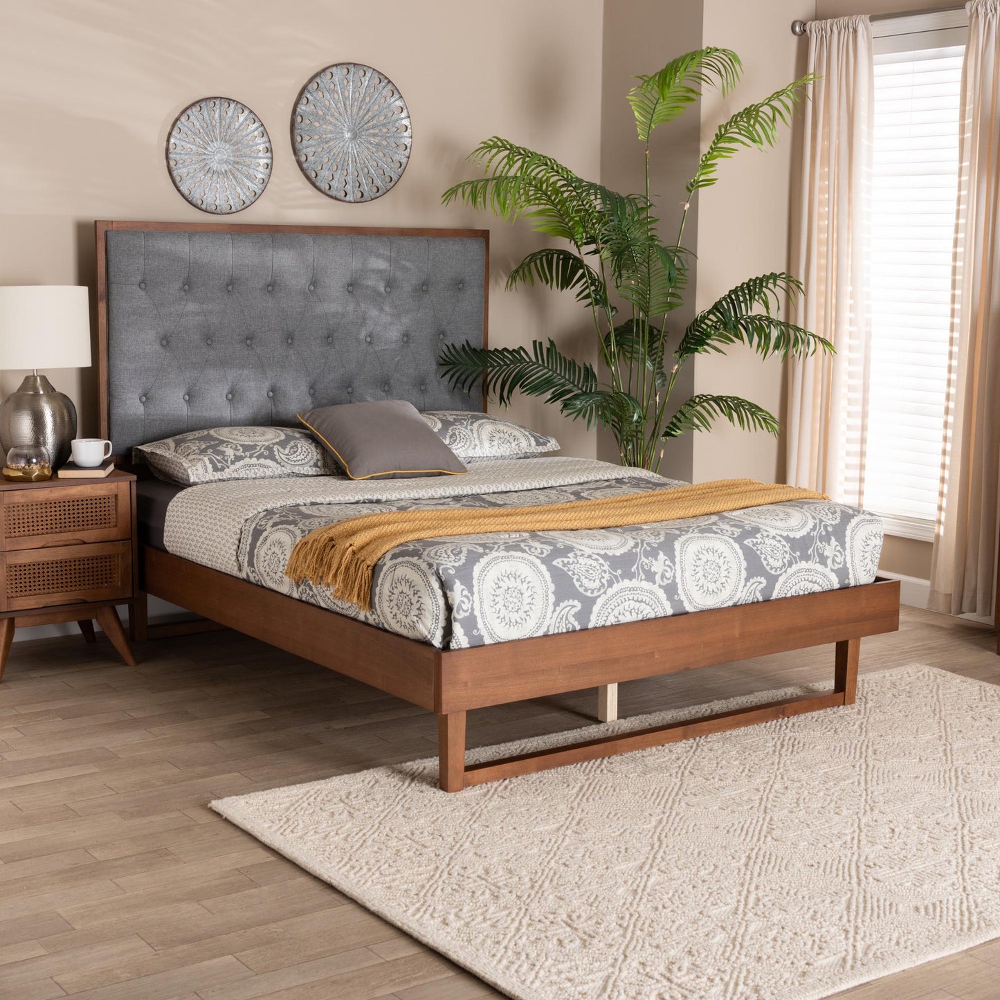 Baxton Studio Bryn Classic and Traditional Grey Fabric and Walnut Brown Finished Wood Queen Size Platform Bed | Beds | Modishstore