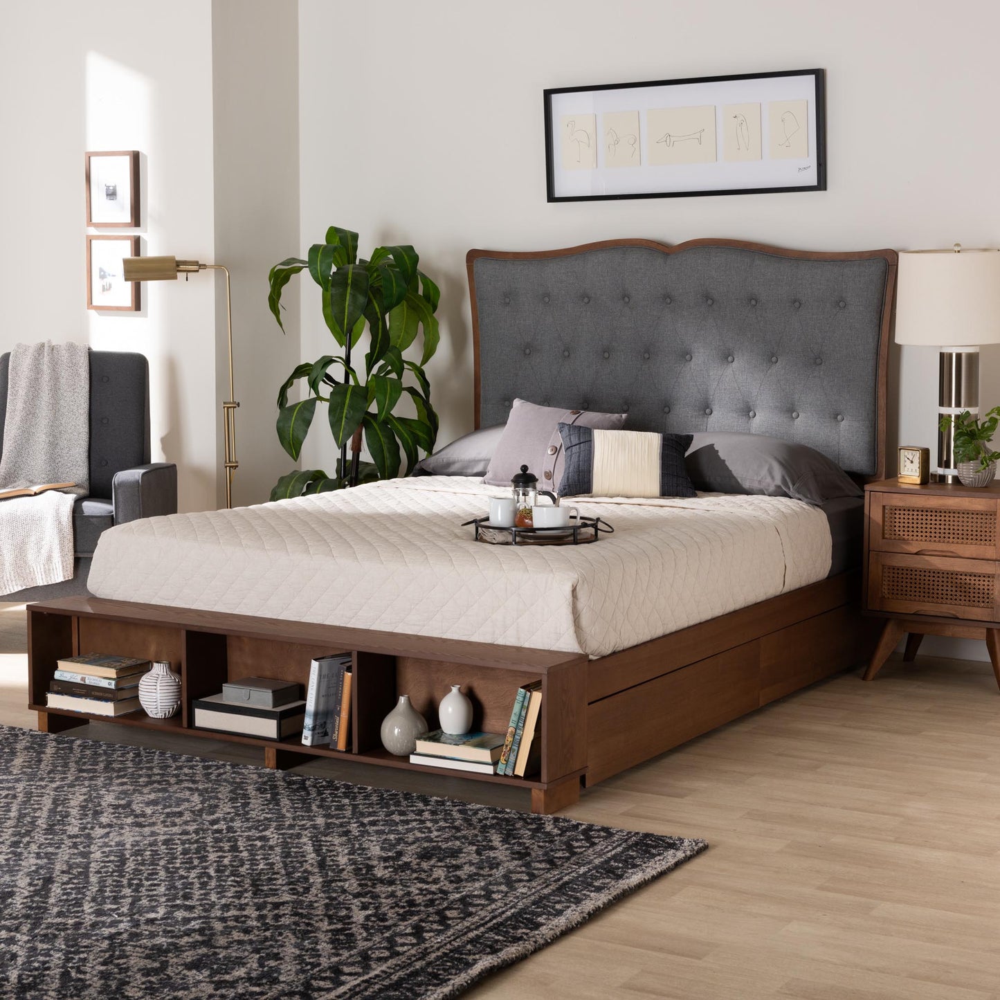 Baxton Studio Irena Classic Transitional Grey Fabric and Walnut Brown Finished Wood Queen Size Platform Storage Bed | Beds | Modishstore