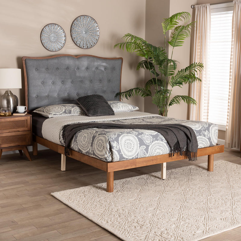 Baxton Studio Elitia Classic and Traditional Grey Fabric and Walnut Brown Finished Wood Queen Size Platform Bed | Beds | Modishstore