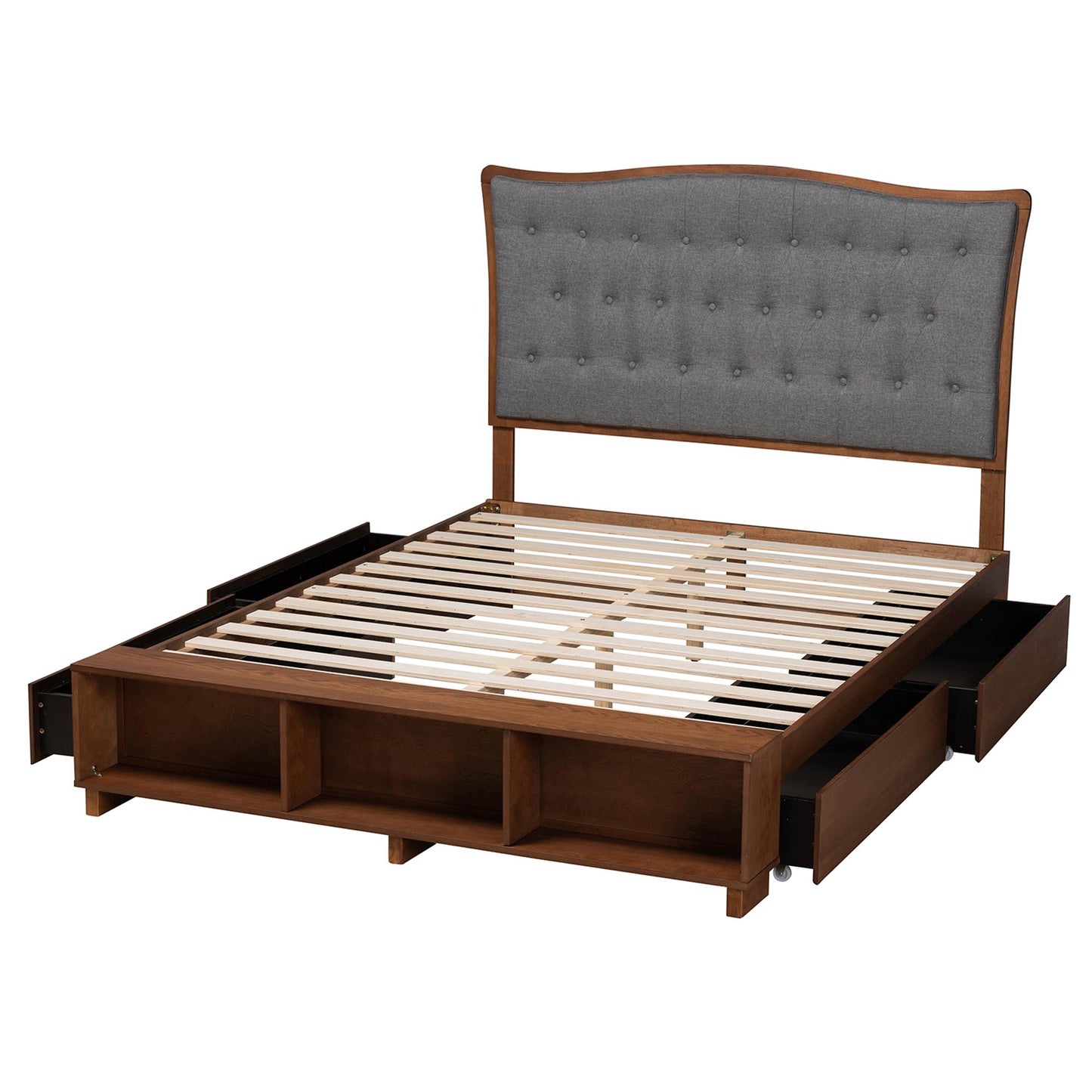 Baxton Studio Kalare Classic Transitional Grey Fabric and Walnut Brown Finished Wood Queen Size Platform Storage Bed | Beds | Modishstore - 9