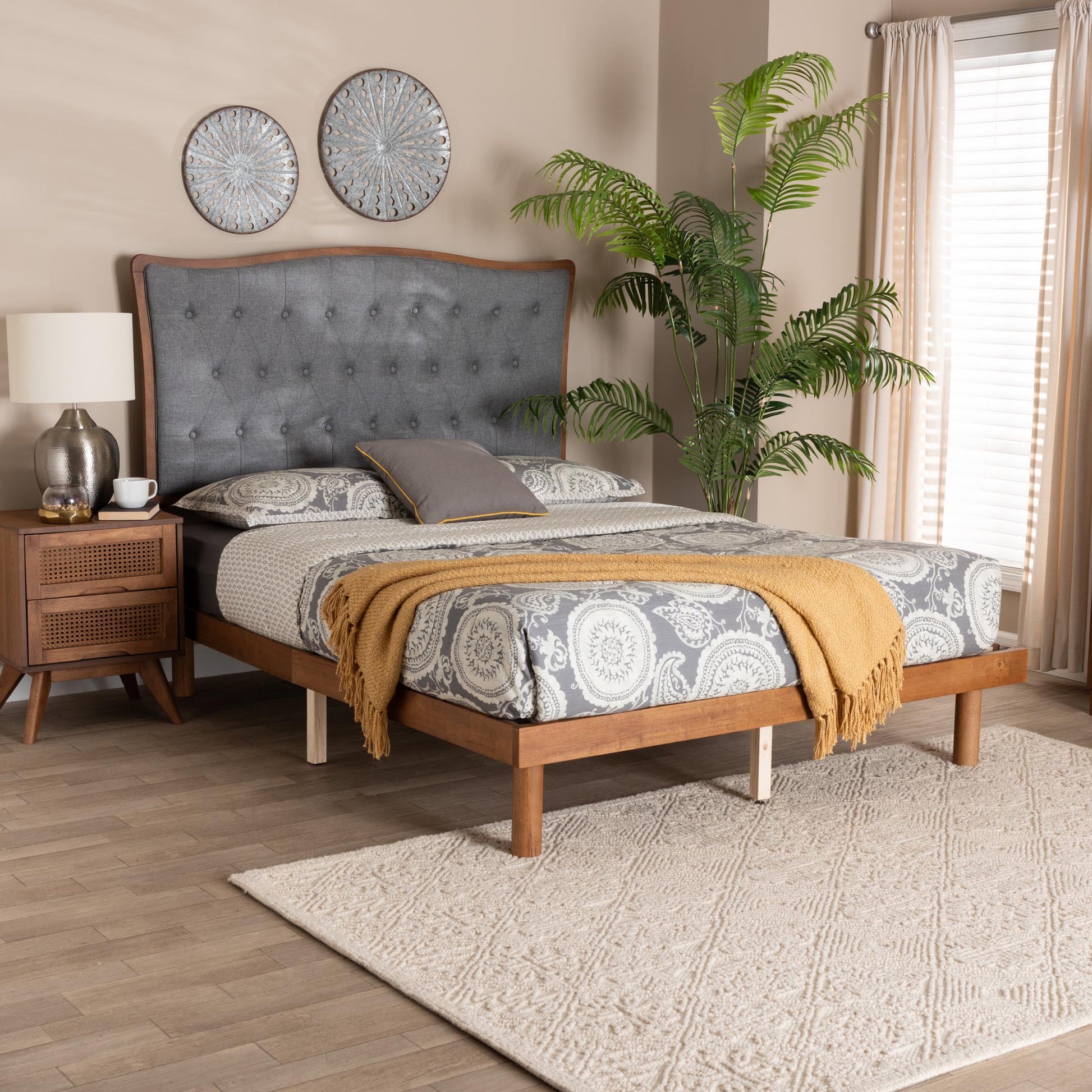 Baxton Studio Valonia Classic and Traditional Grey Fabric and Walnut Brown Finished Wood King Size Platform Bed | Beds | Modishstore