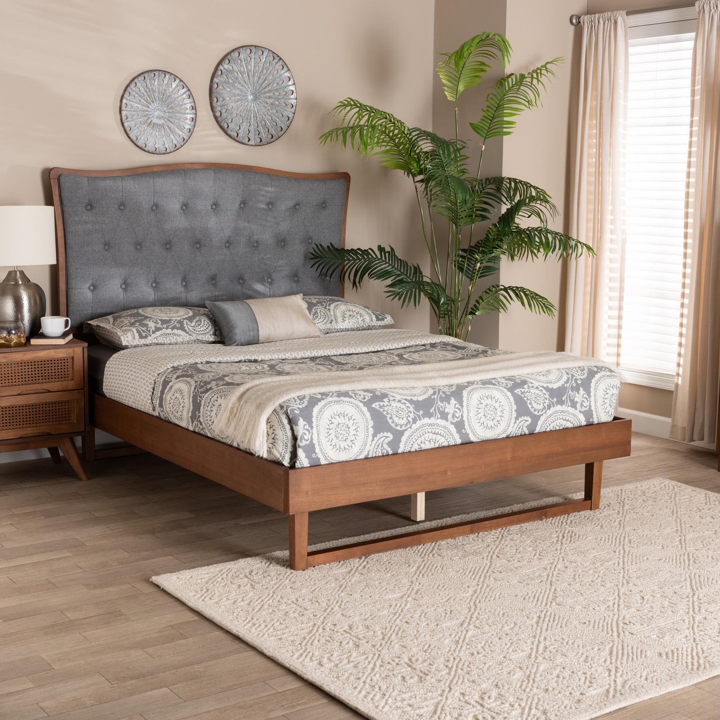 Baxton Studio Sereno Classic and Traditional Grey Fabric and Walnut Brown Finished Wood King Size Platform bed | Beds | Modishstore