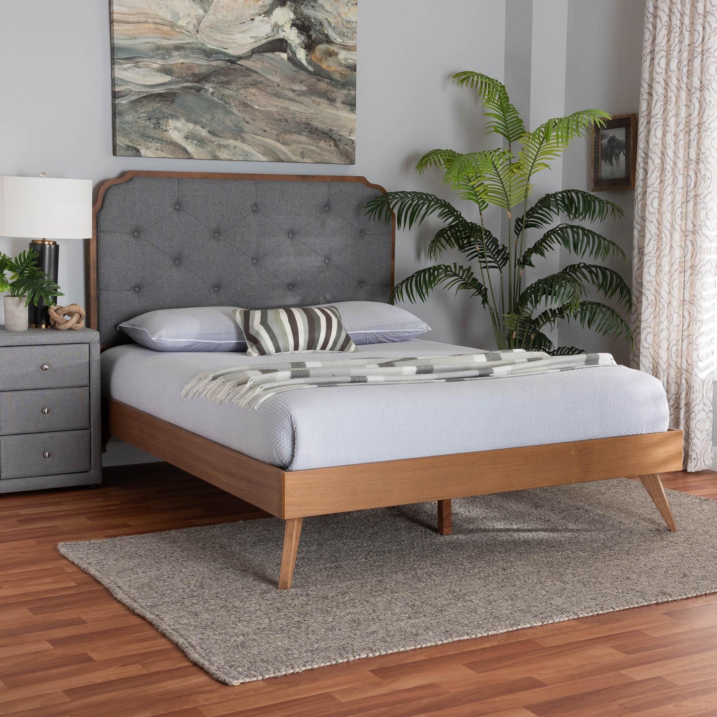 Baxton Studio Lorana Mid-Century Modern Grey Fabric and Walnut Brown Wood Queen Size Platform Bed | Beds | Modishstore