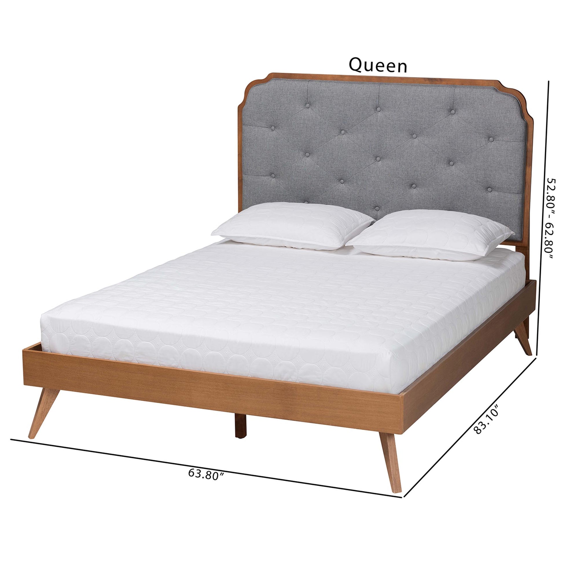 Baxton Studio Lorana Mid-Century Modern Grey Fabric and Walnut Brown Wood Queen Size Platform Bed | Beds | Modishstore - 3