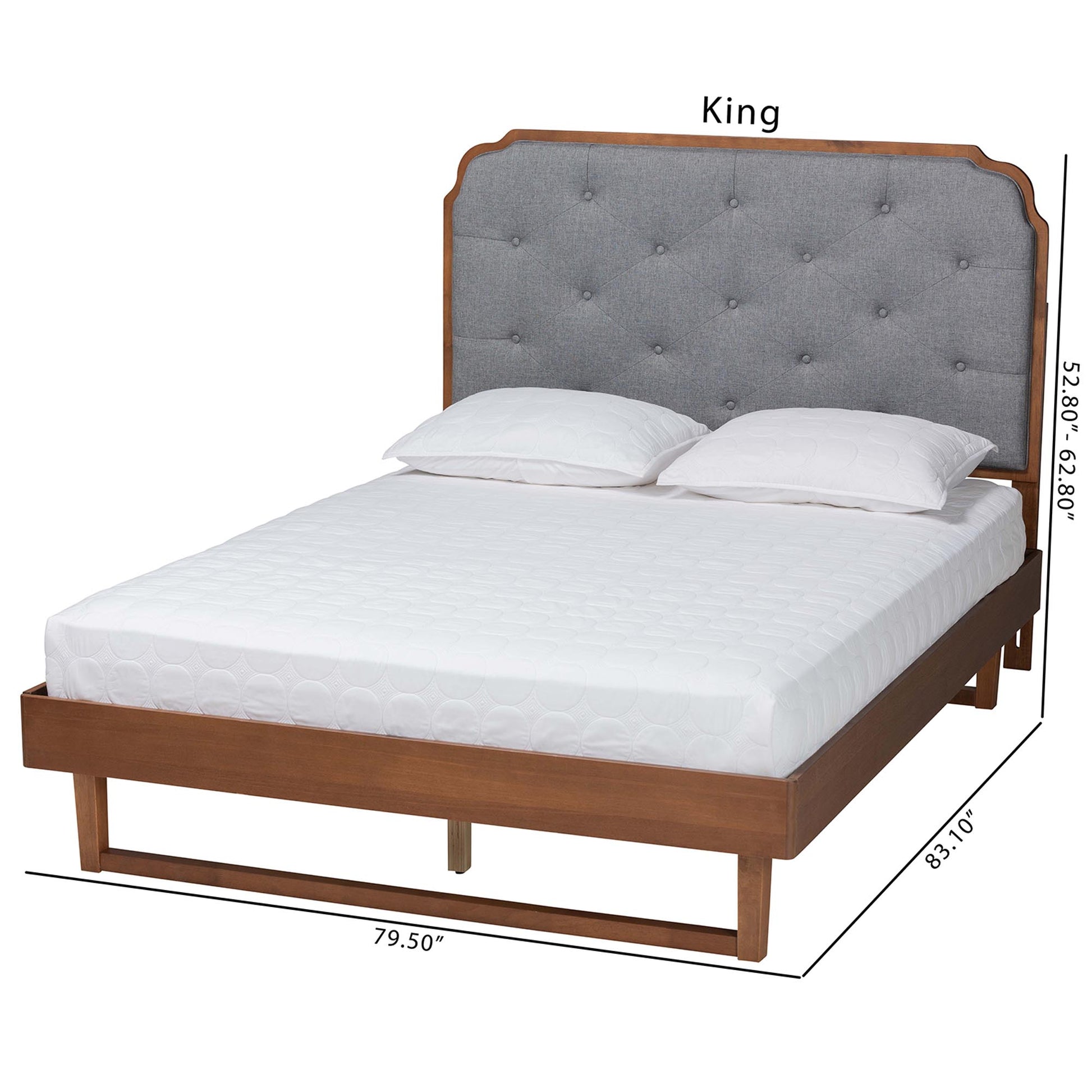 Baxton Studio Roald Mid-Century Modern Grey Fabric and Walnut Brown Wood King Size Platform Bed | Beds | Modishstore - 4