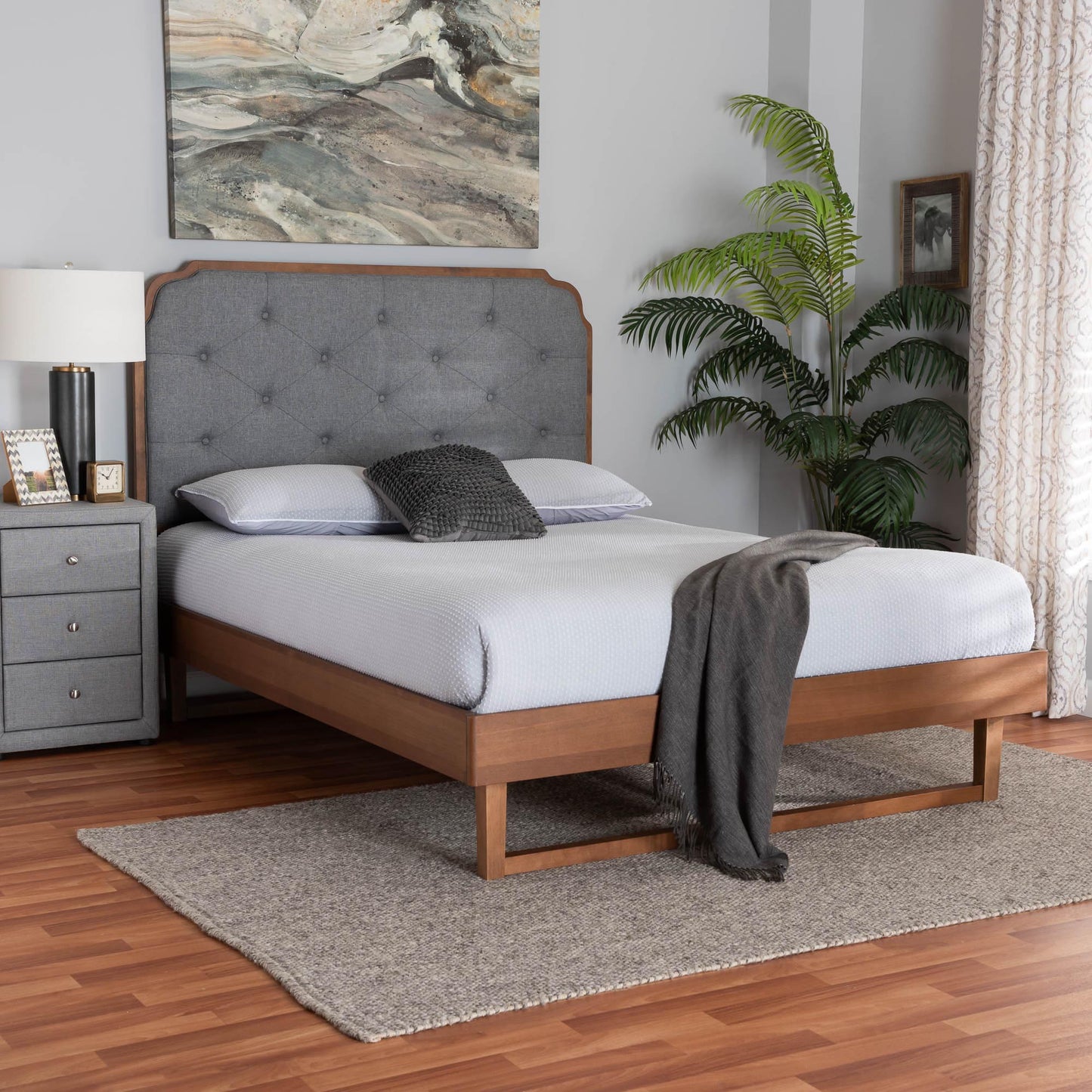 Baxton Studio Roald Mid-Century Modern Grey Fabric and Walnut Brown Wood Queen Size Platform Bed | Beds | Modishstore