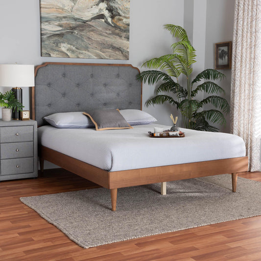 Baxton Studio Garron Mid-Century Modern Grey Fabric and Walnut Brown Wood King Size Platform Bed | Beds | Modishstore