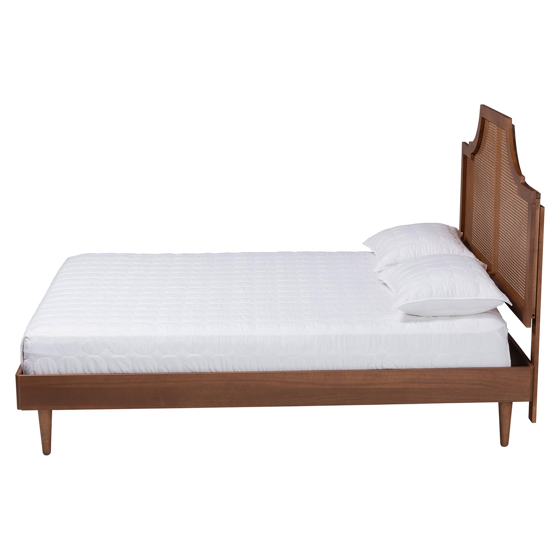 Baxton Studio Macaria Mid-Century Modern Ash Walnut Woven Rattan Queen Size Bed | Beds | Modishstore - 7