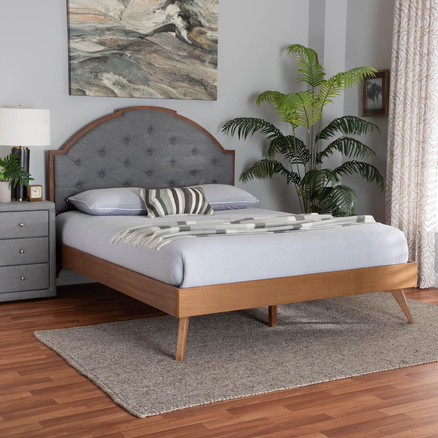 Baxton Studio Blanchard Mid-Century Modern Grey Fabric and Walnut Brown Wood Queen Size Platform Bed | Beds | Modishstore