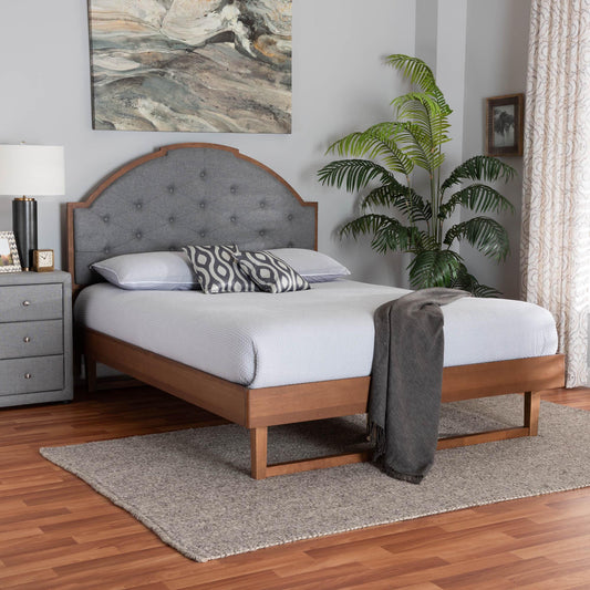 Baxton Studio Douglas Mid-Century Modern Grey Fabric and Walnut Brown Wood Queen Size Platform Bed | Beds | Modishstore