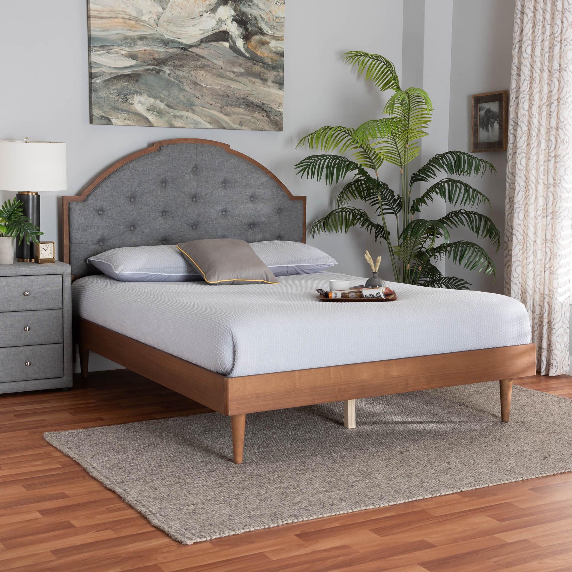 Baxton Studio Ardelle Mid-Century Modern Grey Fabric and Walnut Brown Wood Queen Size Platform Bed | Beds | Modishstore