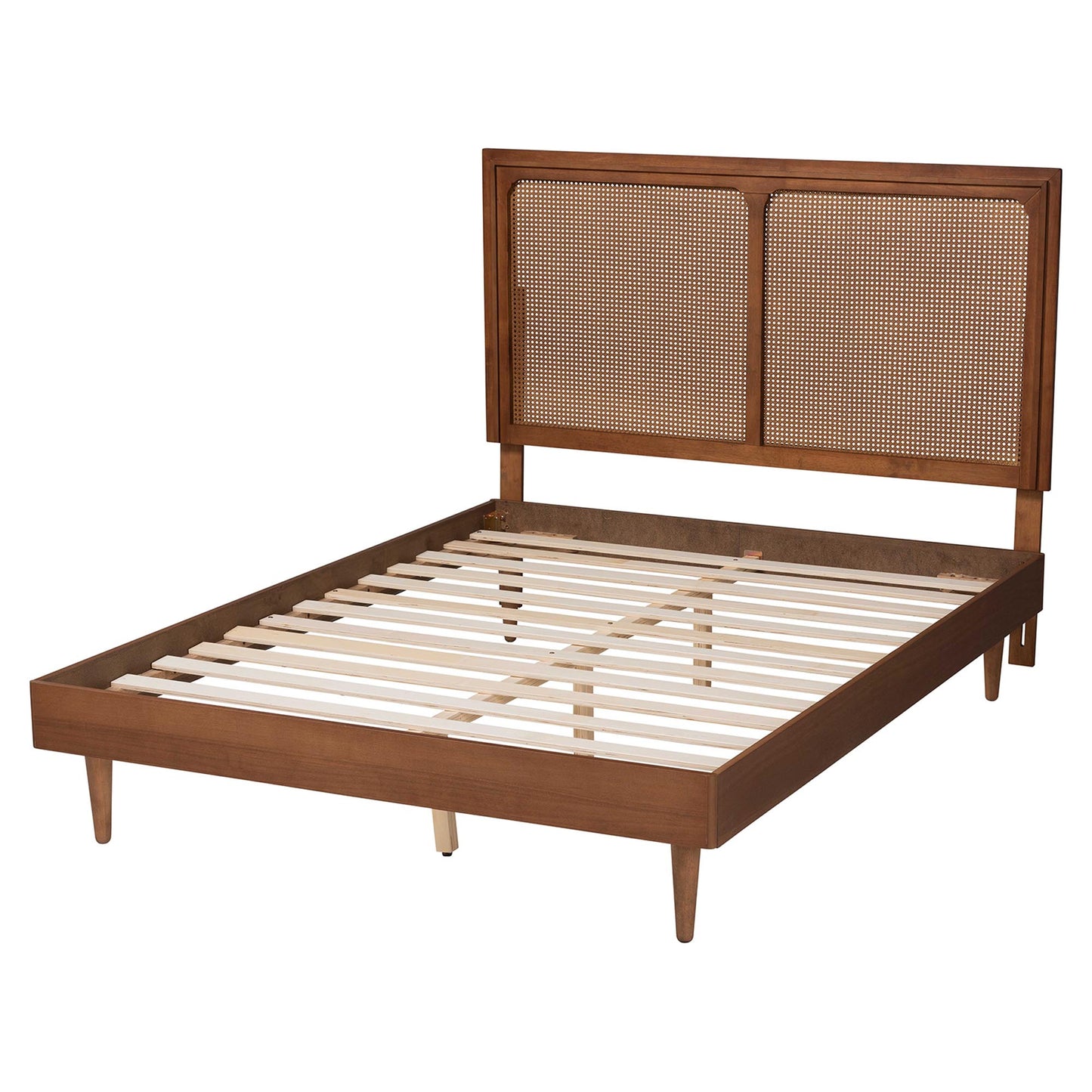 Baxton Studio Boris Mid-Century Modern Ash Walnut Woven Rattan Queen Size Bed | Beds | Modishstore - 8