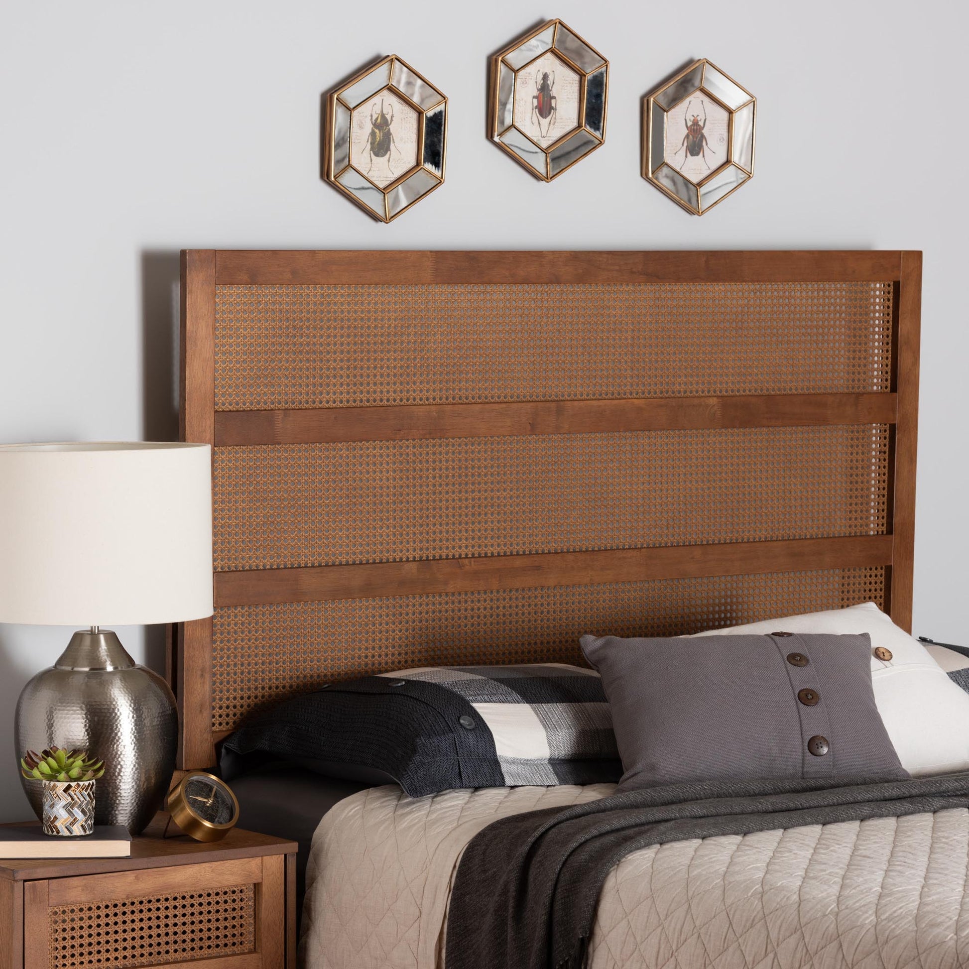 Baxton Studio Berne Mid-Century Modern Ash Walnut Finished Wood King Size Headboard with Rattan | Headboards | Modishstore