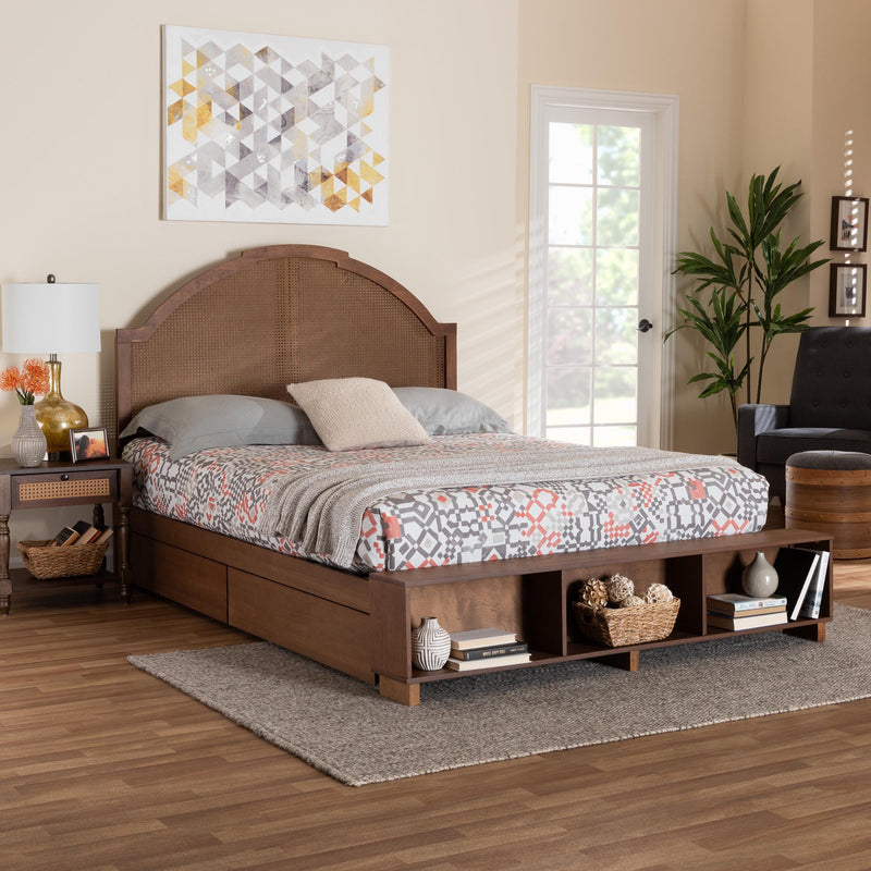 Baxton Studio Darcila Mid-Century Walnut Brown Wood and Rattan Queen Size Storage Bed | Beds | Modishstore