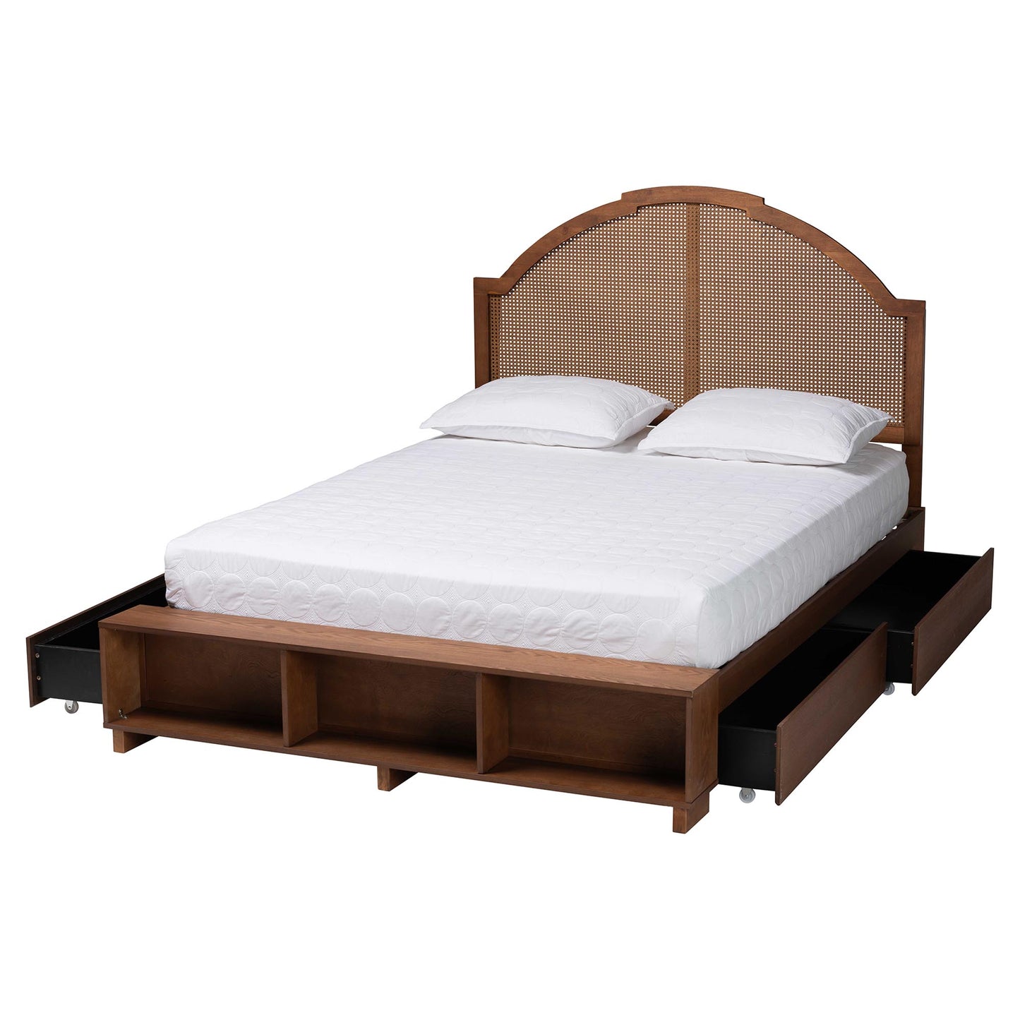 Baxton Studio Darcila Mid-Century Walnut Brown Wood and Rattan Queen Size Storage Bed | Beds | Modishstore - 6