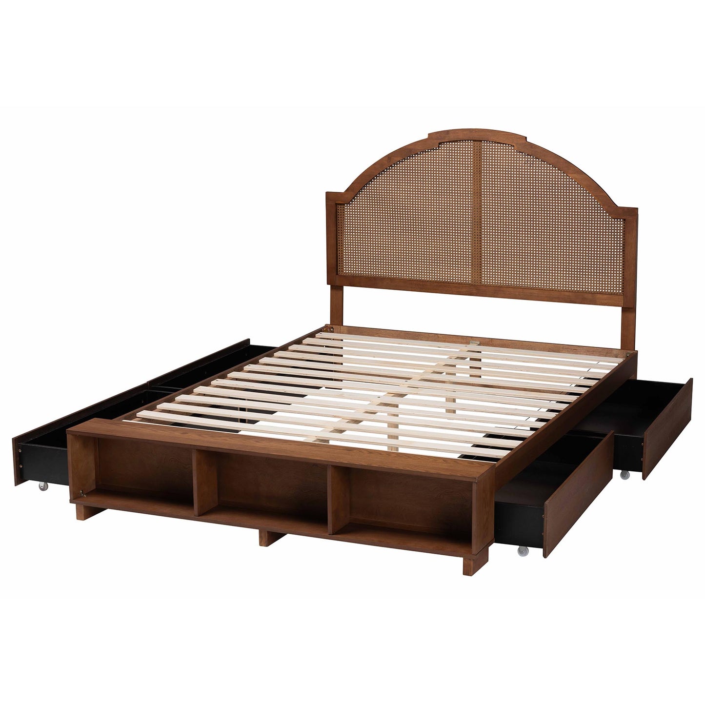 Baxton Studio Darcila Mid-Century Walnut Brown Wood and Rattan Queen Size Storage Bed | Beds | Modishstore - 9