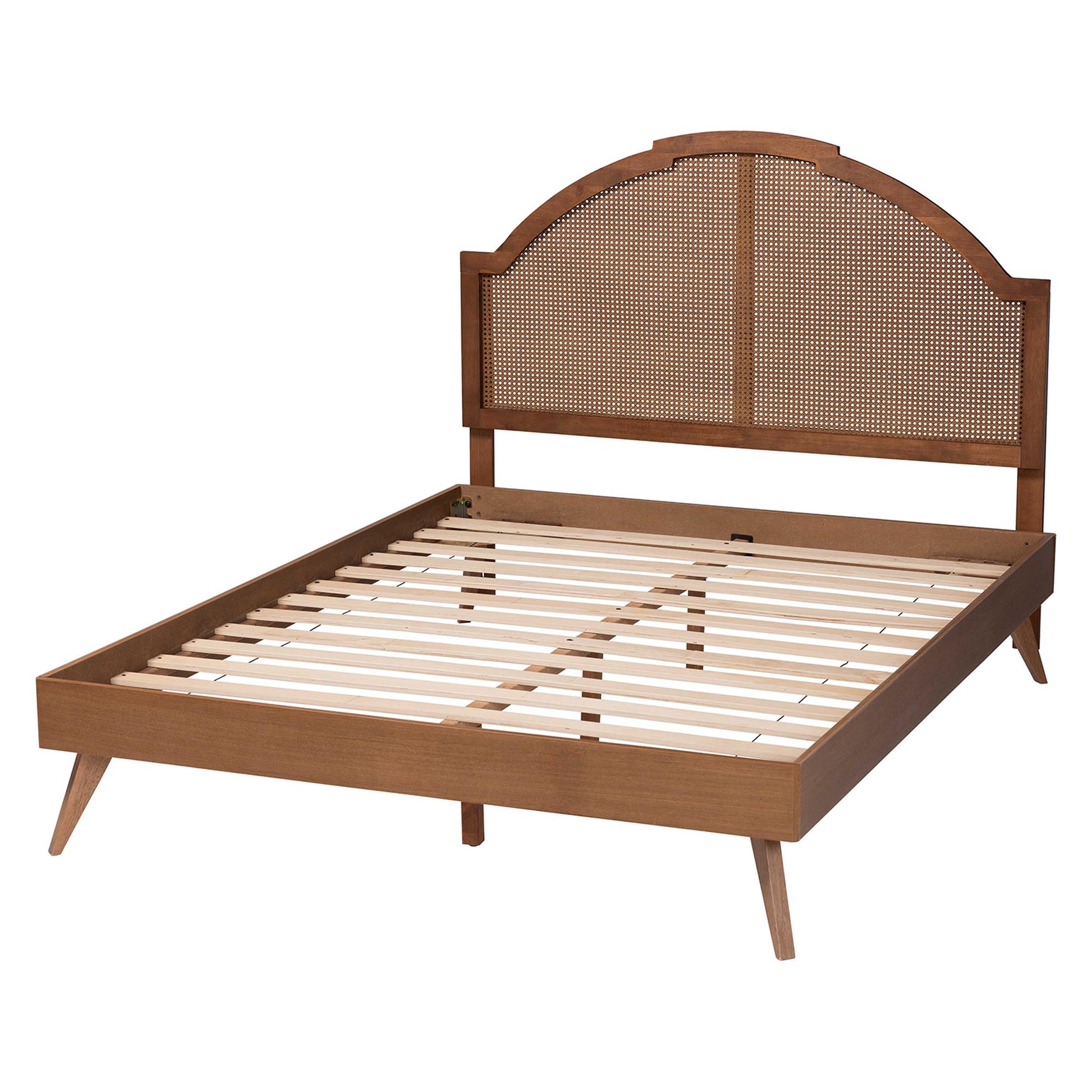 Baxton Studio Ridgely Mid-Century Walnut Brown Wood and Rattan Queen Size Platform Bed | Beds | Modishstore - 8