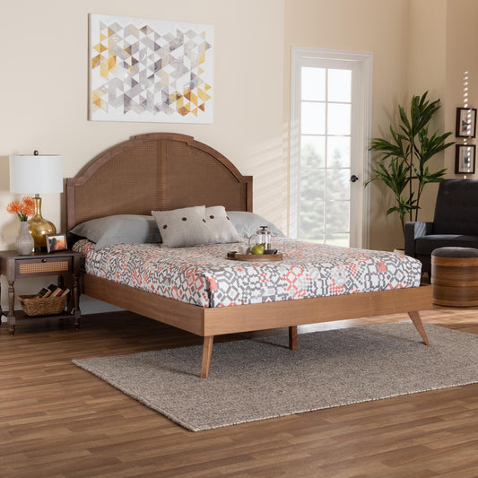 Baxton Studio Ridgely Mid-Century Walnut Brown Wood and Rattan Queen Size Platform Bed | Beds | Modishstore