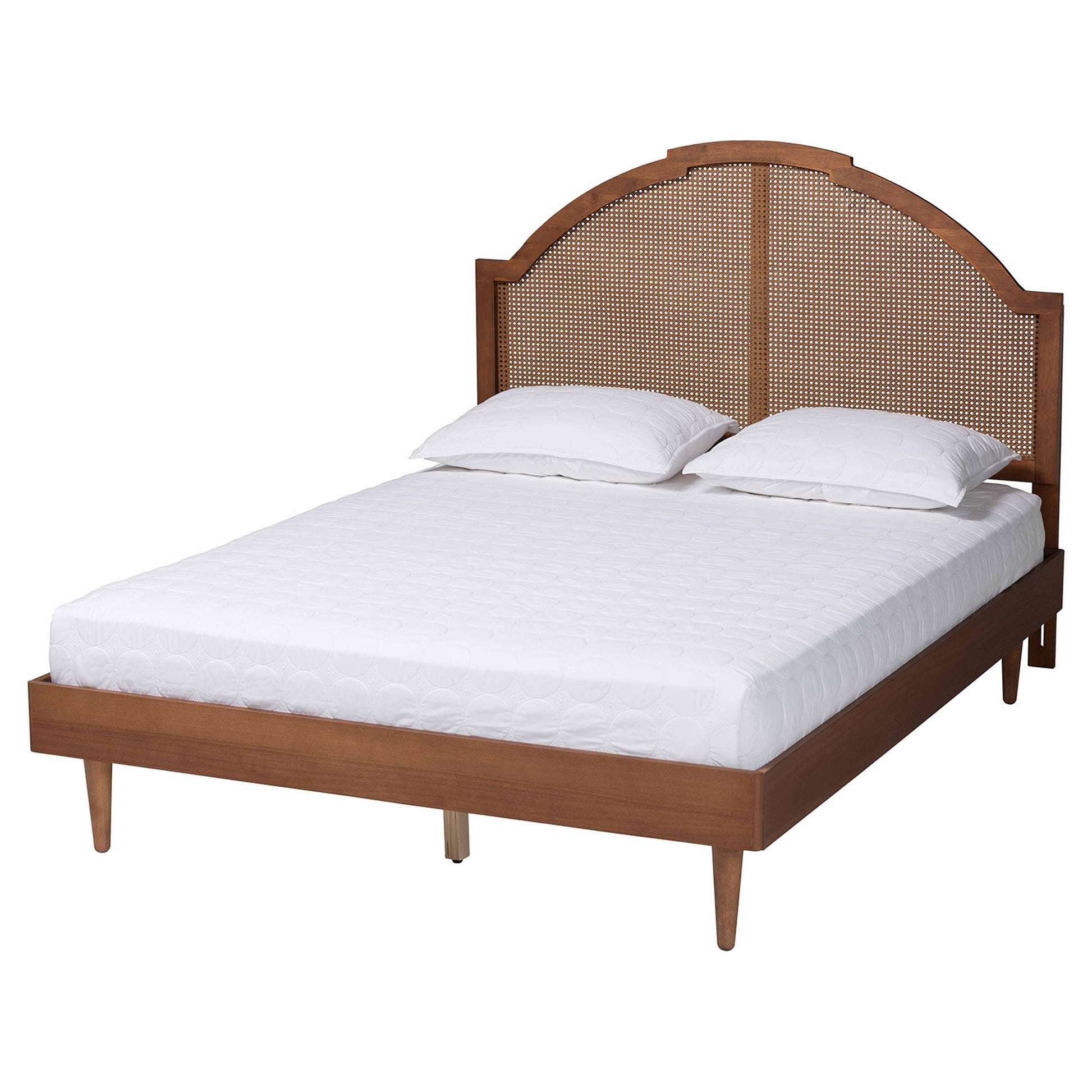 Baxton Studio Mendel Mid-Century Walnut Brown Wood and Rattan Queen Size Platform Bed | Beds | Modishstore - 6