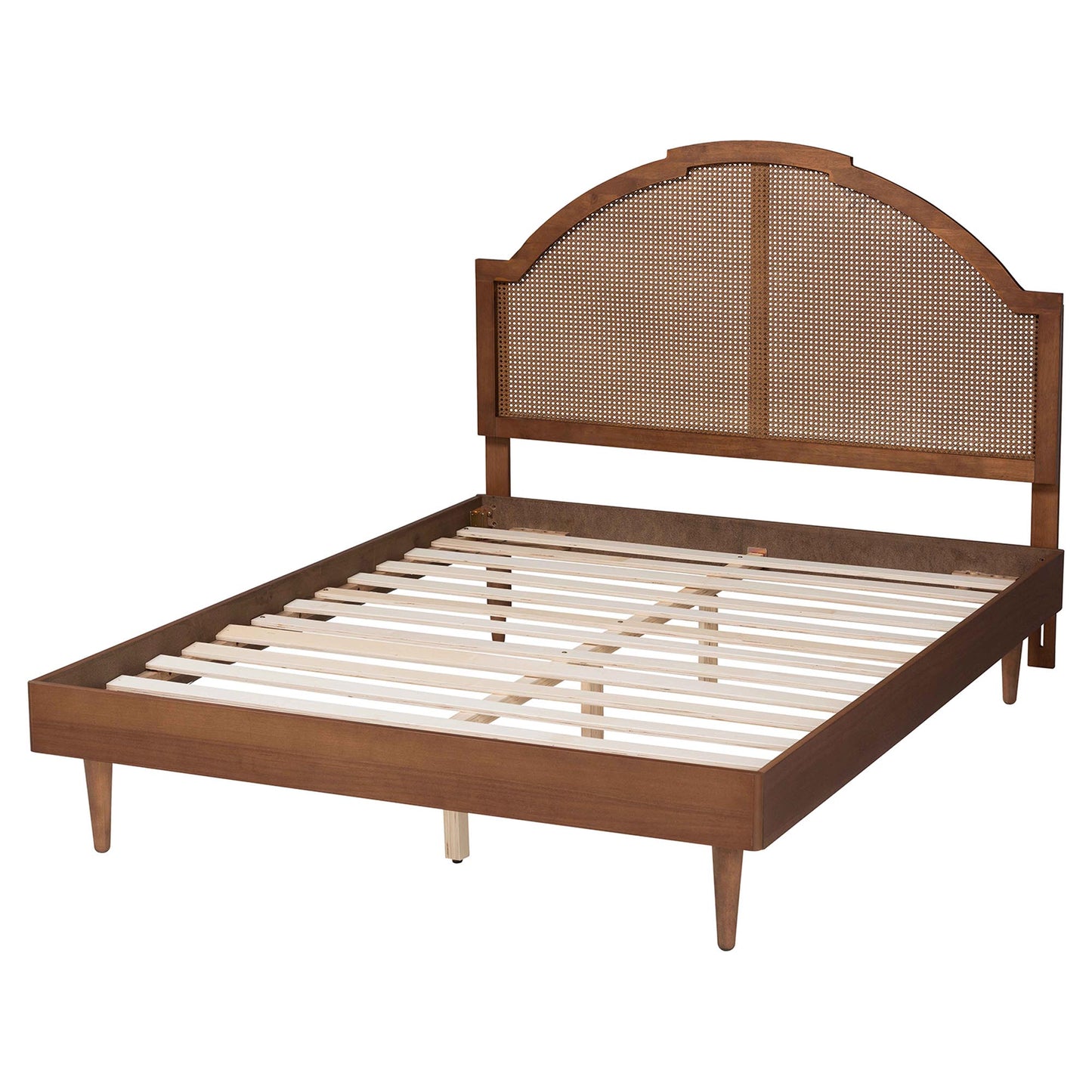 Baxton Studio Mendel Mid-Century Walnut Brown Wood and Rattan Queen Size Platform Bed | Beds | Modishstore - 8