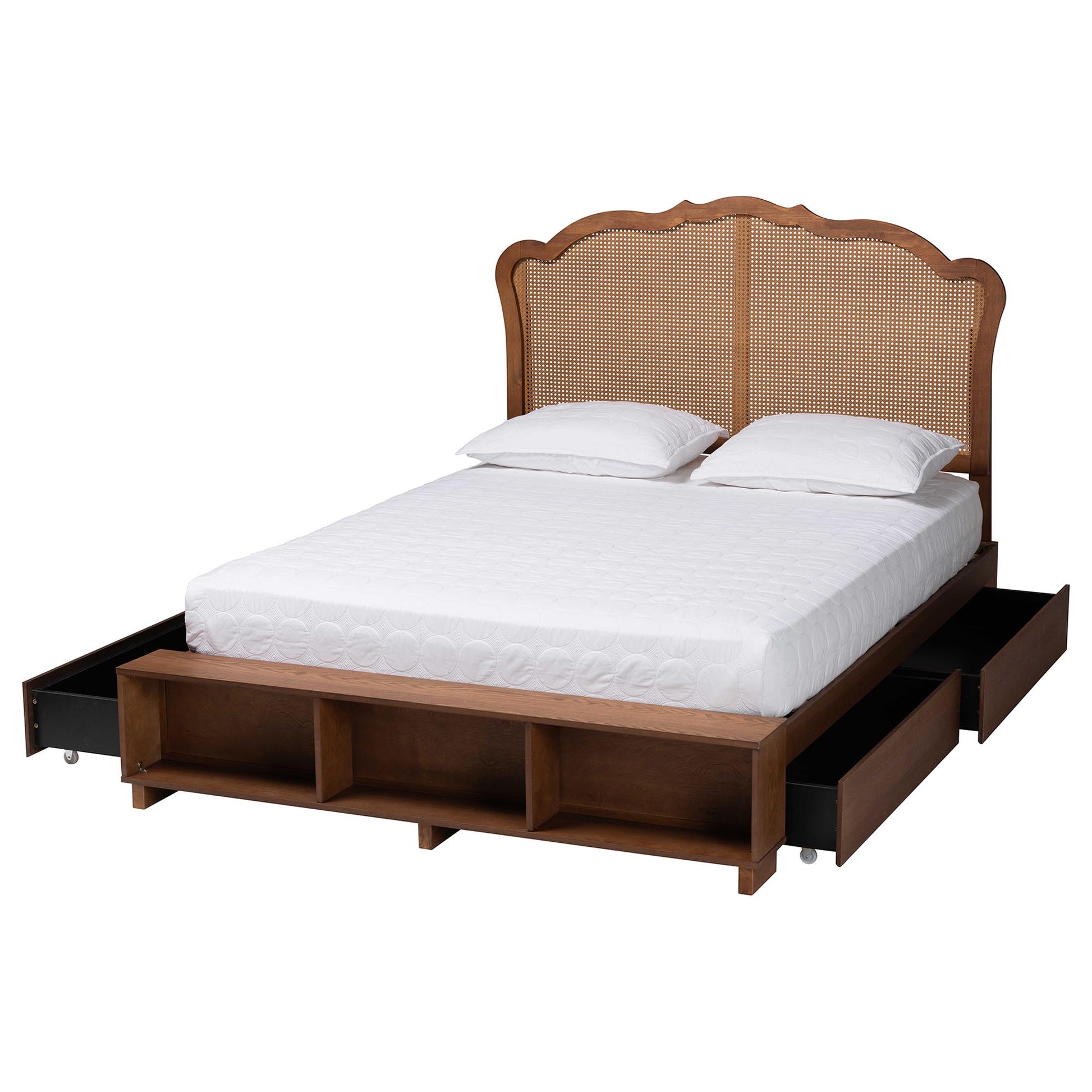 Baxton Studio Latrell Mid-Century Walnut Brown Wood and Rattan Queen Size Storage Bed | Beds | Modishstore - 6