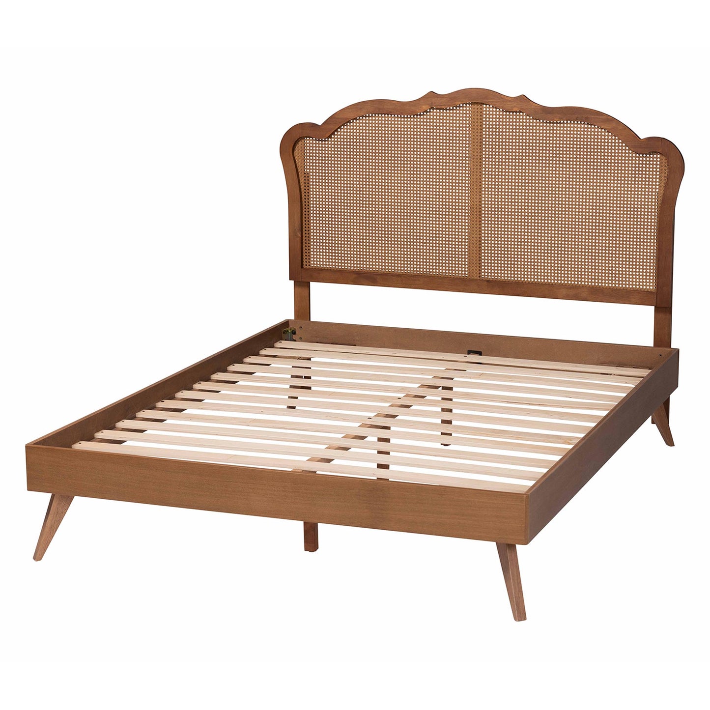 Baxton Studio Aithan Mid-Century Walnut Brown Wood and Rattan Queen Size Platform Bed | Beds | Modishstore - 8