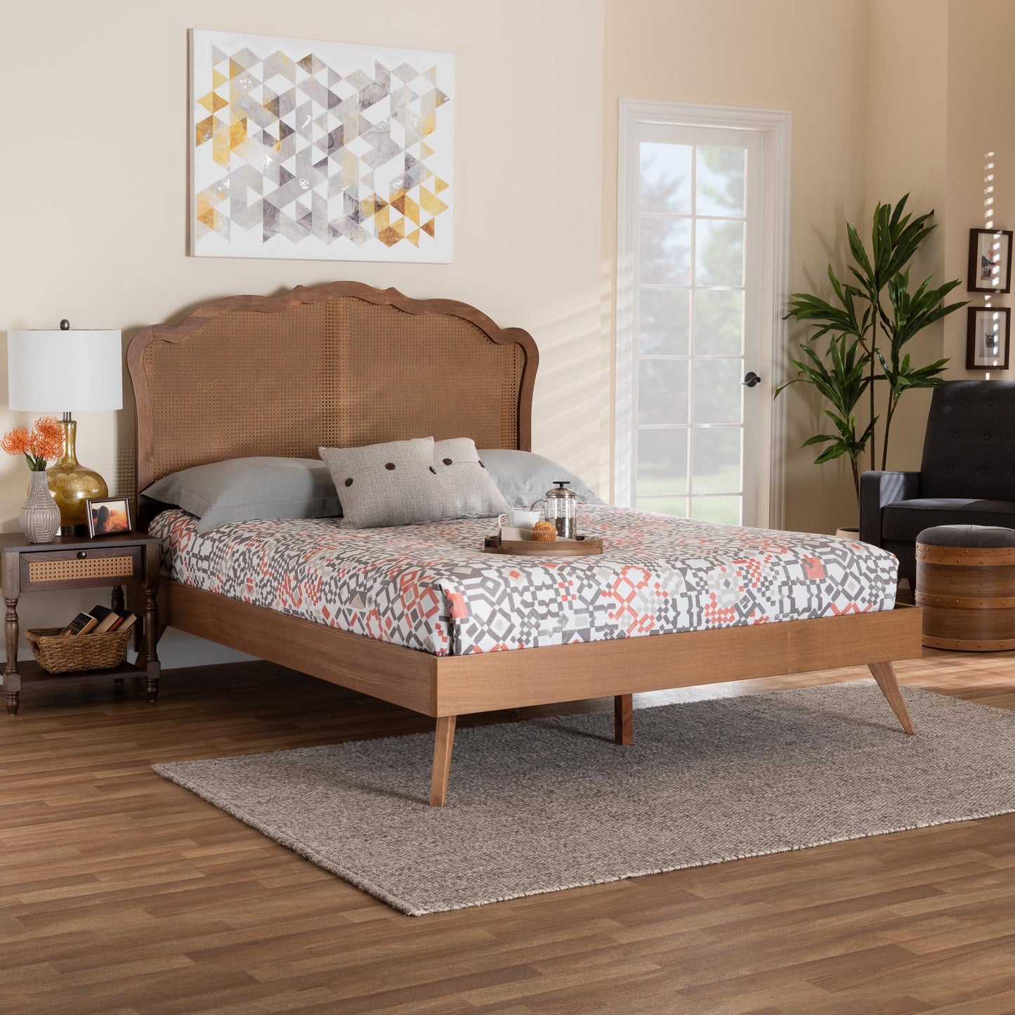 Baxton Studio Aithan Mid-Century Walnut Brown Wood and Rattan Queen Size Platform Bed | Beds | Modishstore