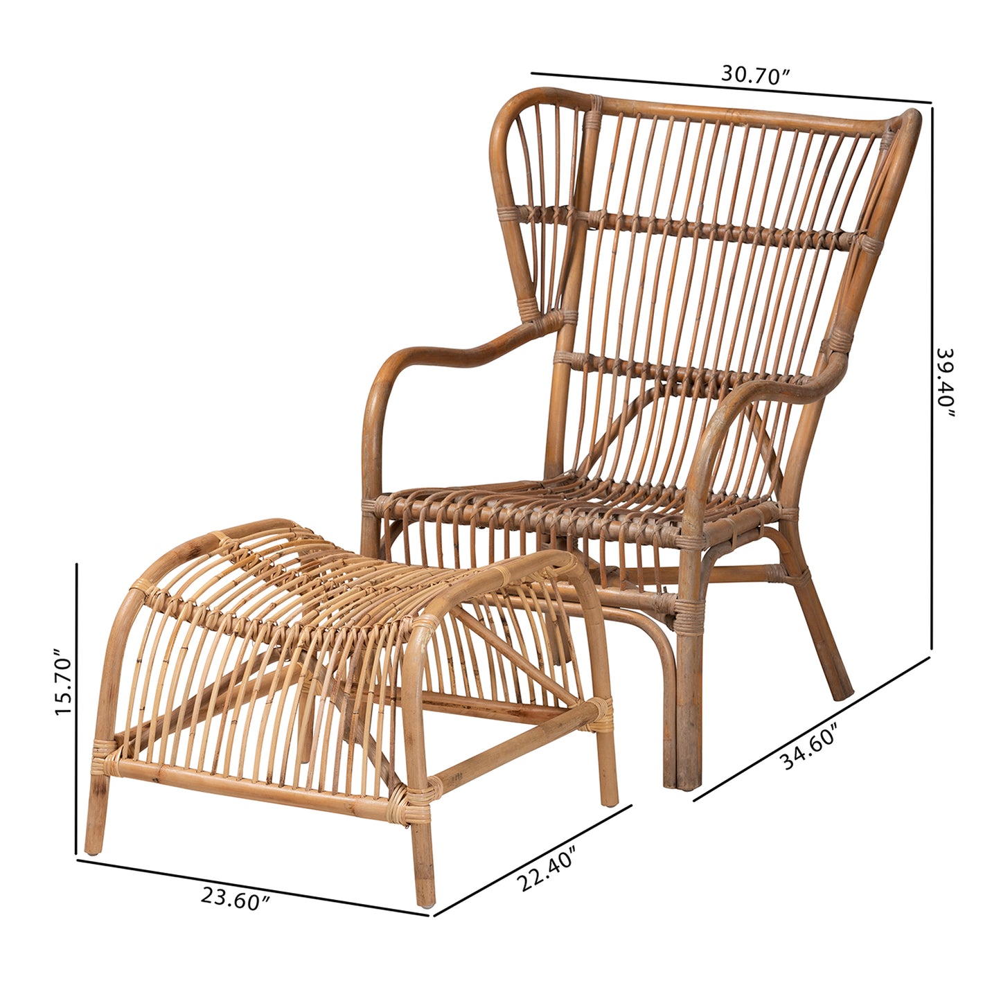 Baxton Studio Lamaria Modern Bohmenian Natural Brown Antique Rattan 2-Piece Chair and Footstool Set | Armchairs | Modishstore - 3