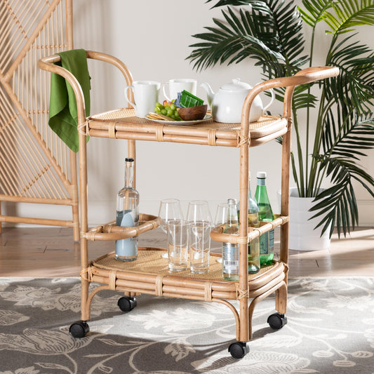 Baxton Studio bali & pari Hadia Modern Bohemian Natural Brown Rattan Wine Cart | Bar Carts | Modishstore