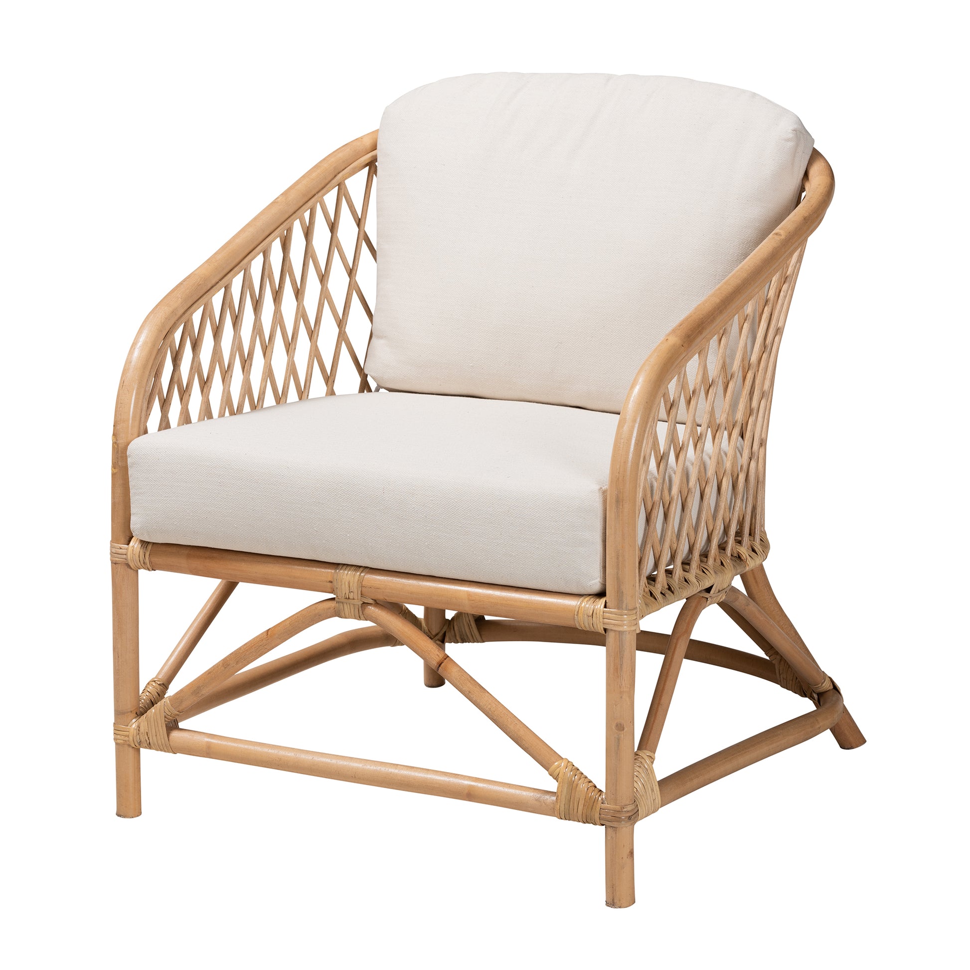 Baxton Studio bali & pari Patsy Modern Bohemian White Fabric and Natural Brown Rattan Armchair | Accent Chairs | Modishstore - 2