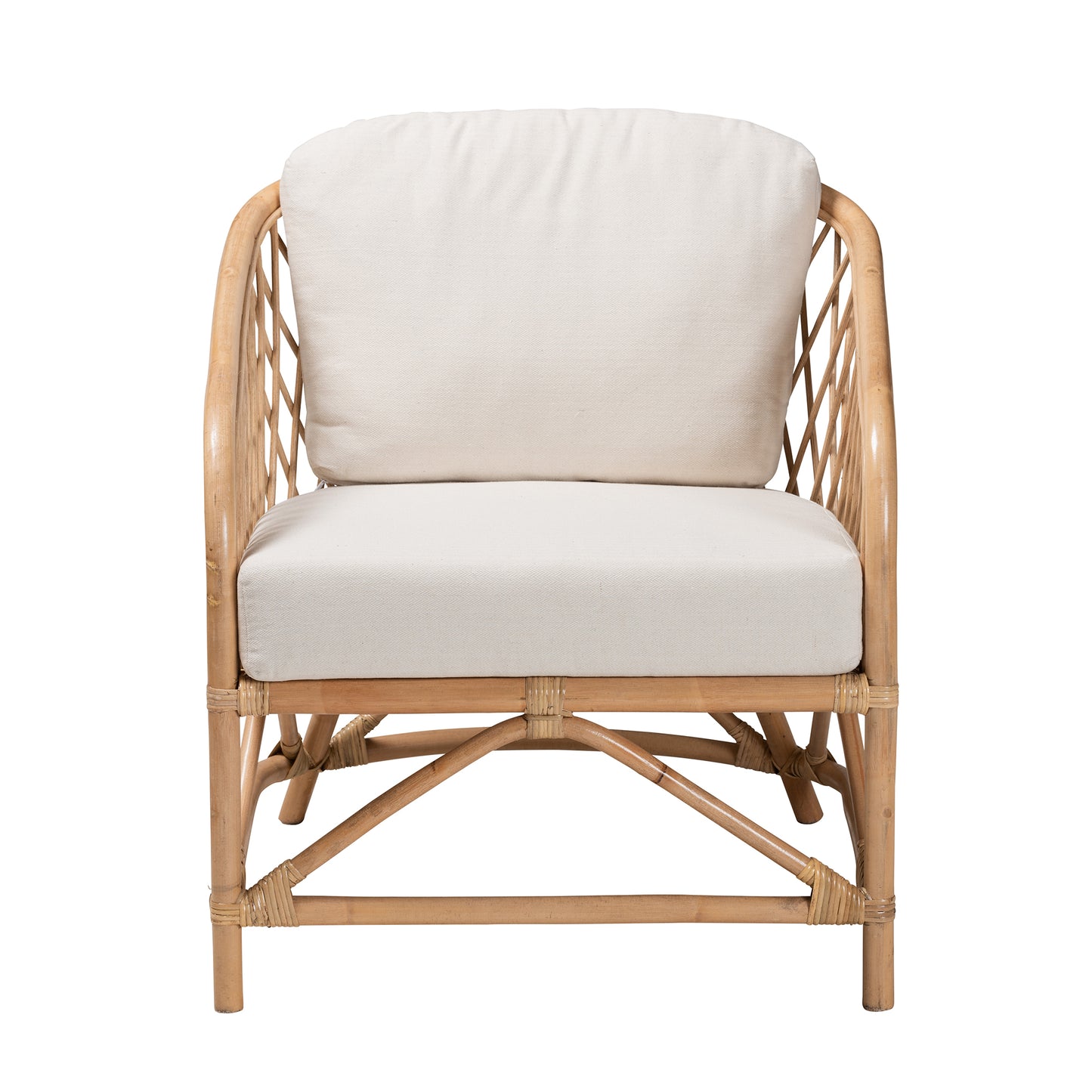 Baxton Studio bali & pari Patsy Modern Bohemian White Fabric and Natural Brown Rattan Armchair | Accent Chairs | Modishstore - 3