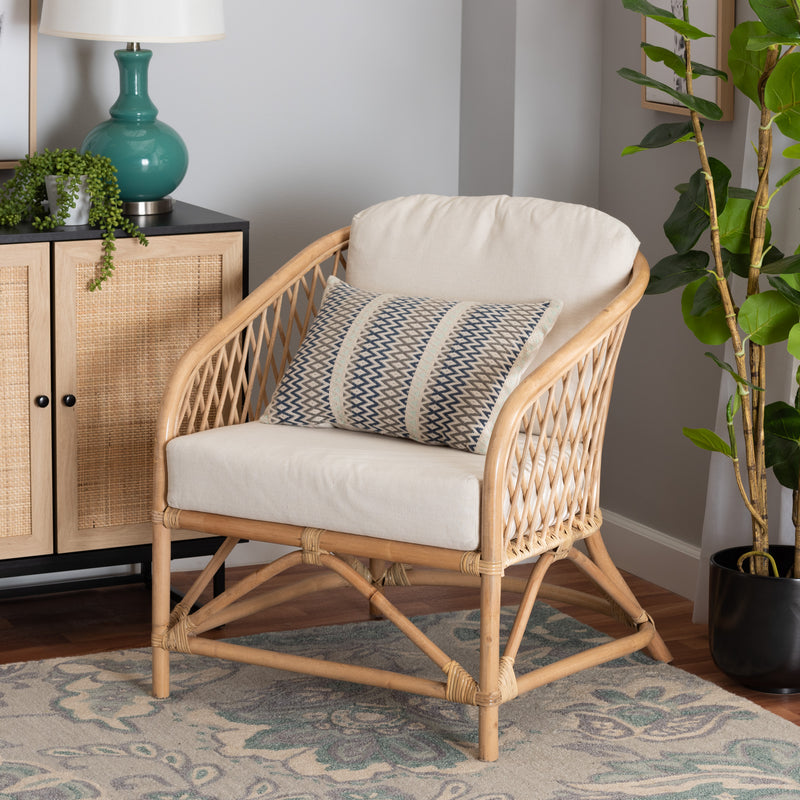 Baxton Studio bali & pari Patsy Modern Bohemian White Fabric and Natural Brown Rattan Armchair | Accent Chairs | Modishstore