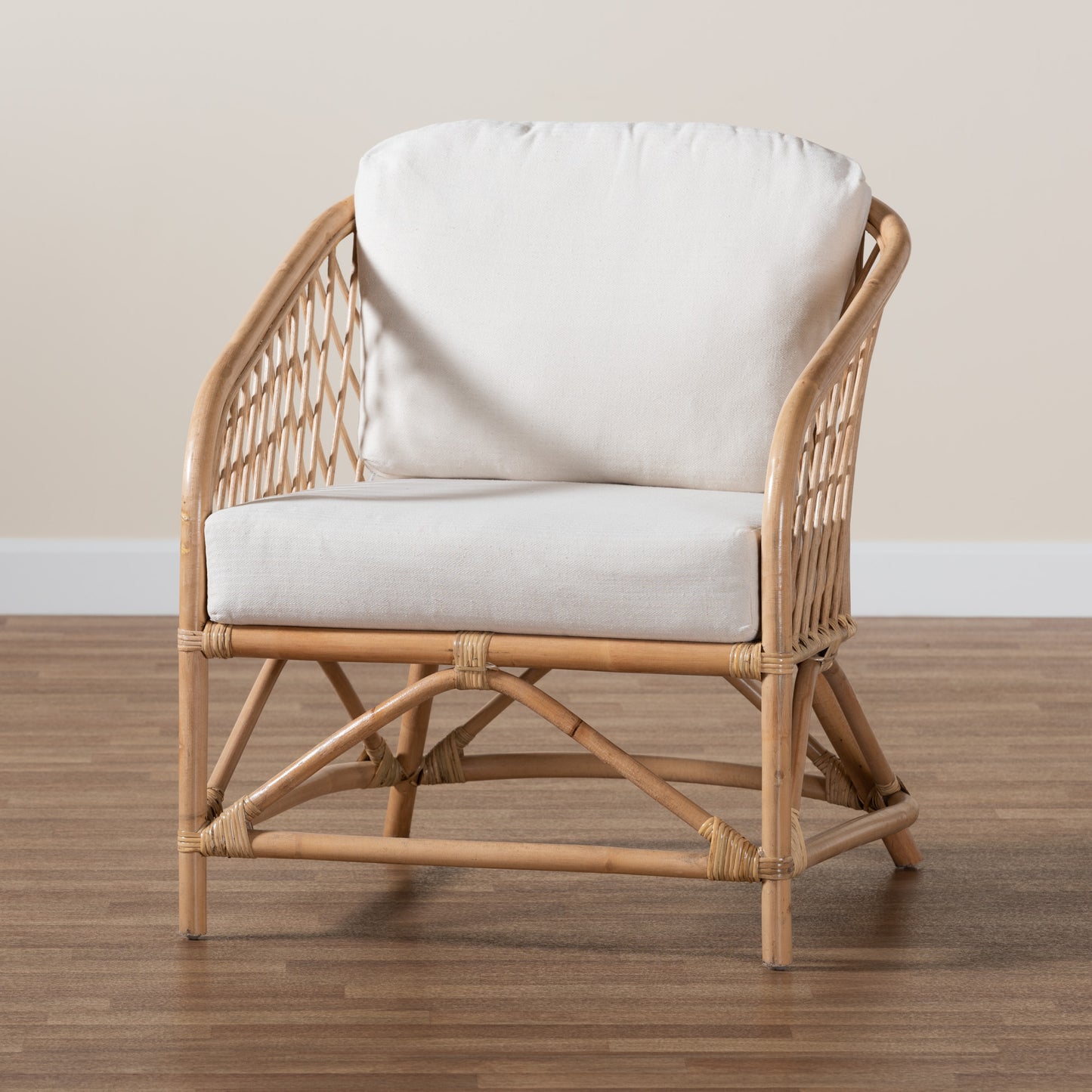 Baxton Studio bali & pari Patsy Modern Bohemian White Fabric and Natural Brown Rattan Armchair | Accent Chairs | Modishstore - 9