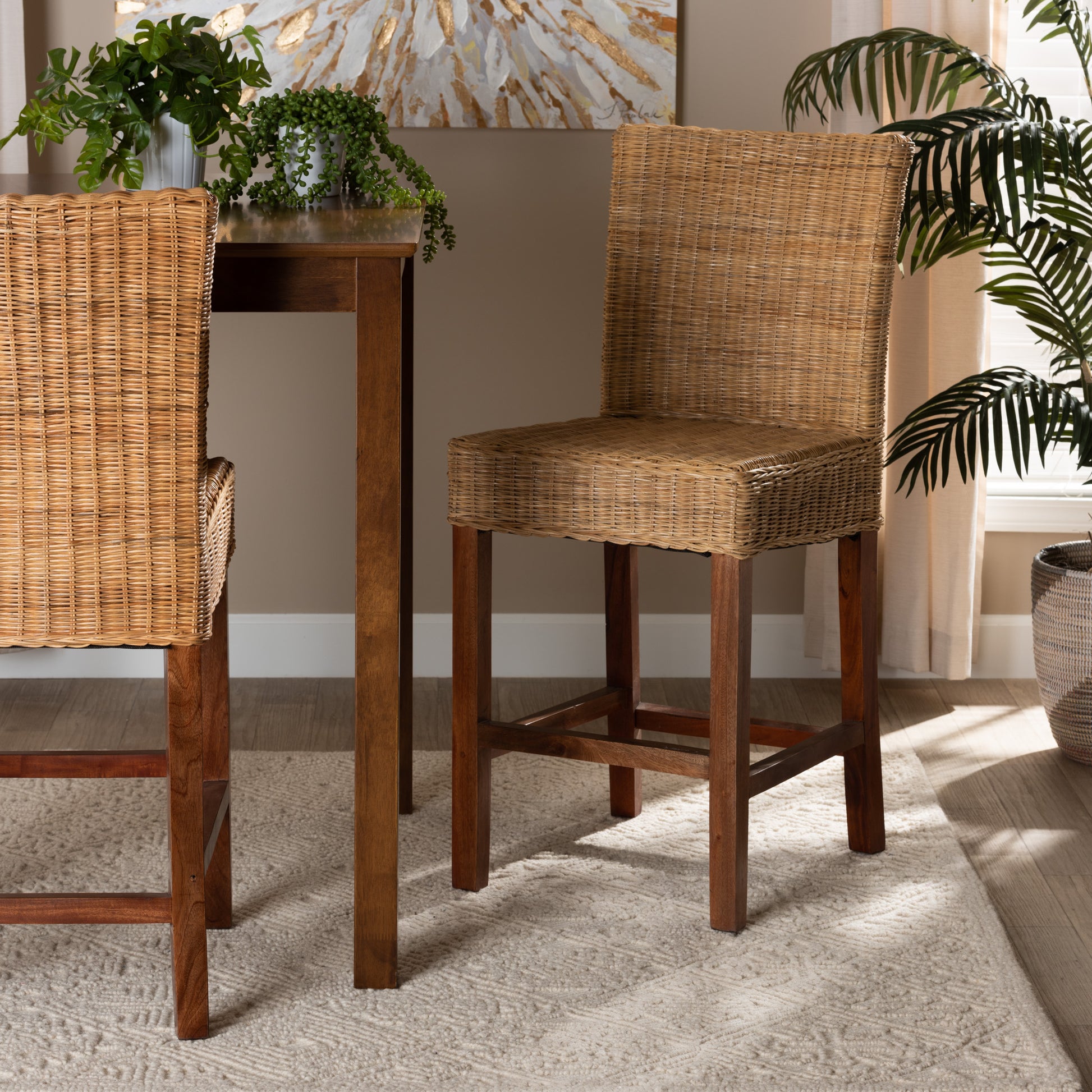 Baxton Studio bali & pari Racquel Modern Bohemian Natural Rattan and Mahogany Wood Counter Stool | Counter Stools | Modishstore