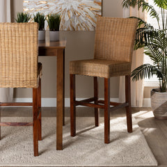 Baxton Studio bali & pari Racquel Modern Bohemian Natural Rattan and Mahogany Wood Bar Stool