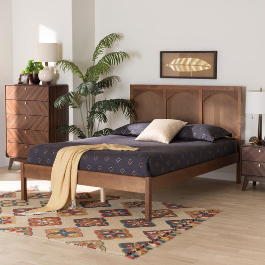 Baxton Studio Blossom Classic and Traditional Ash Walnut Finished Wood and Rattan King Size Platform Bed | Beds | Modishstore