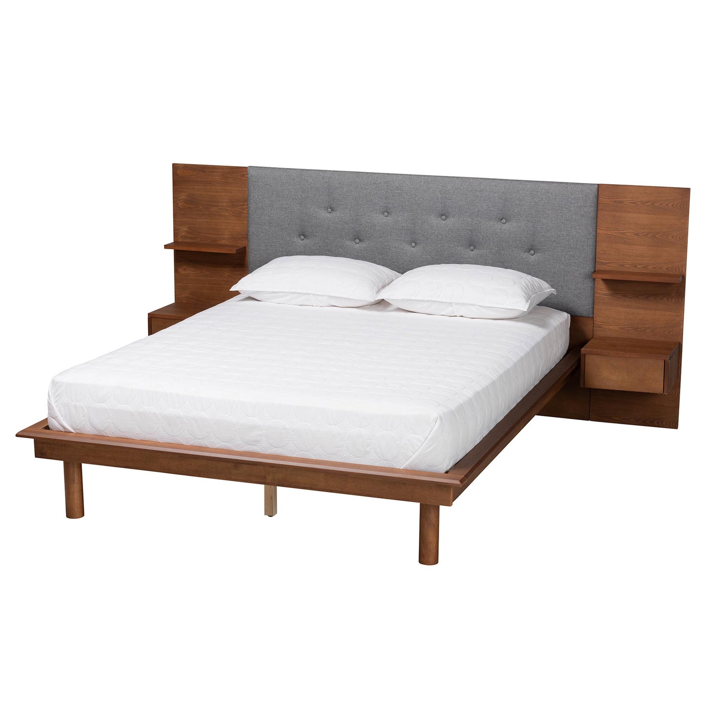 Baxton Studio Eliana Mid-Century Modern Transitional Grey Fabric and Ash Walnut Finished Wood Queen Size Platform Storage Bed with Built-In Nightstands | Beds | Modishstore - 2