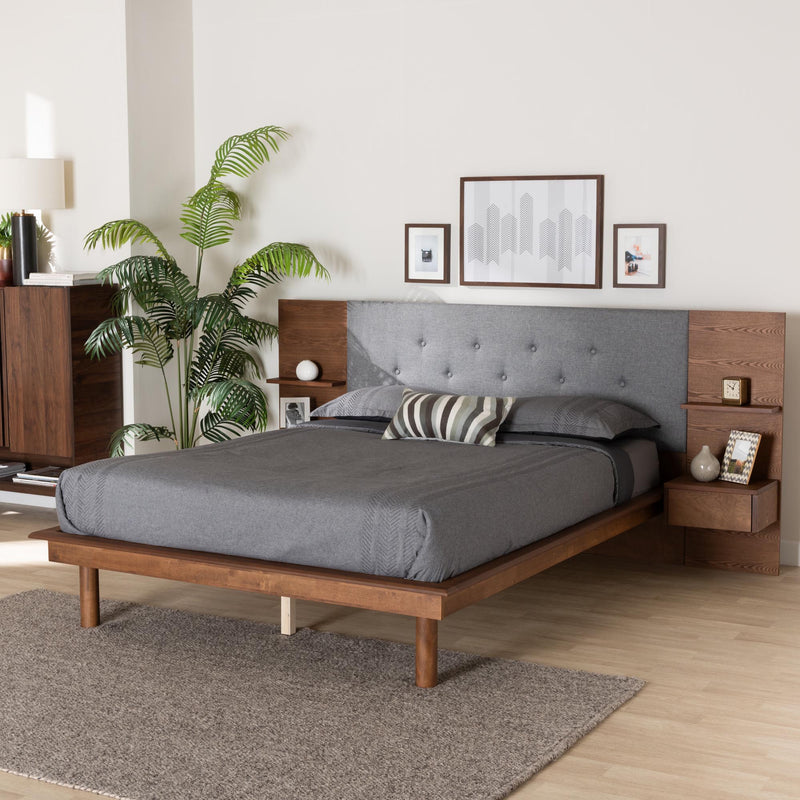 Baxton Studio Eliana Mid-Century Modern Transitional Grey Fabric and Ash Walnut Finished Wood Queen Size Platform Storage Bed with Built-In Nightstands | Beds | Modishstore