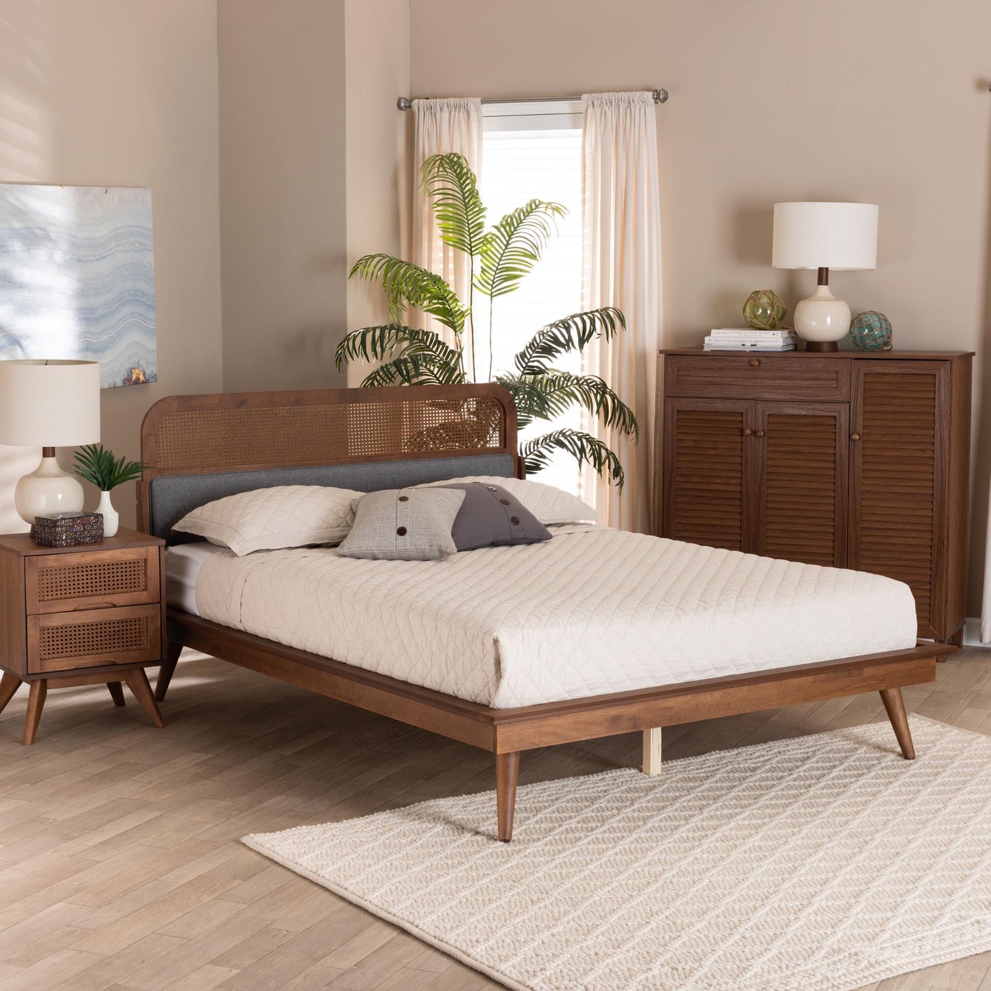 Baxton Studio Irina Mid-Century Modern Grey Fabric and Ash Walnut Finished Wood Queen Size Platform Bed | Beds | Modishstore