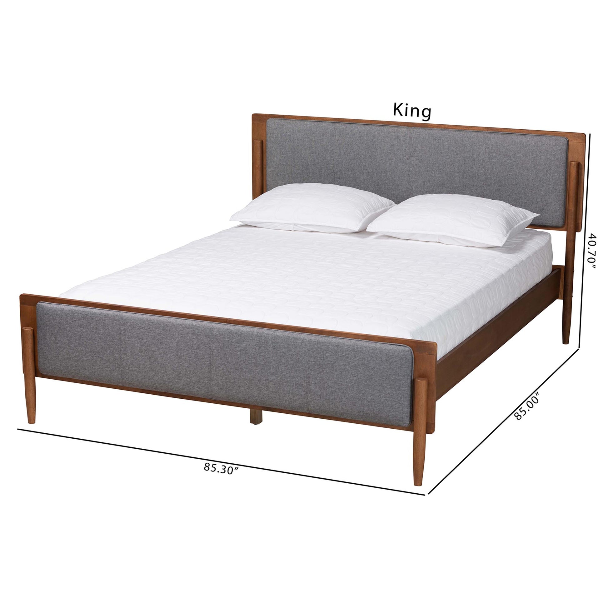 Baxton Studio Powers Mid-Century Modern Grey Fabric and Ash Walnut Finished Wood King Size Platform Bed | Beds | Modishstore - 9