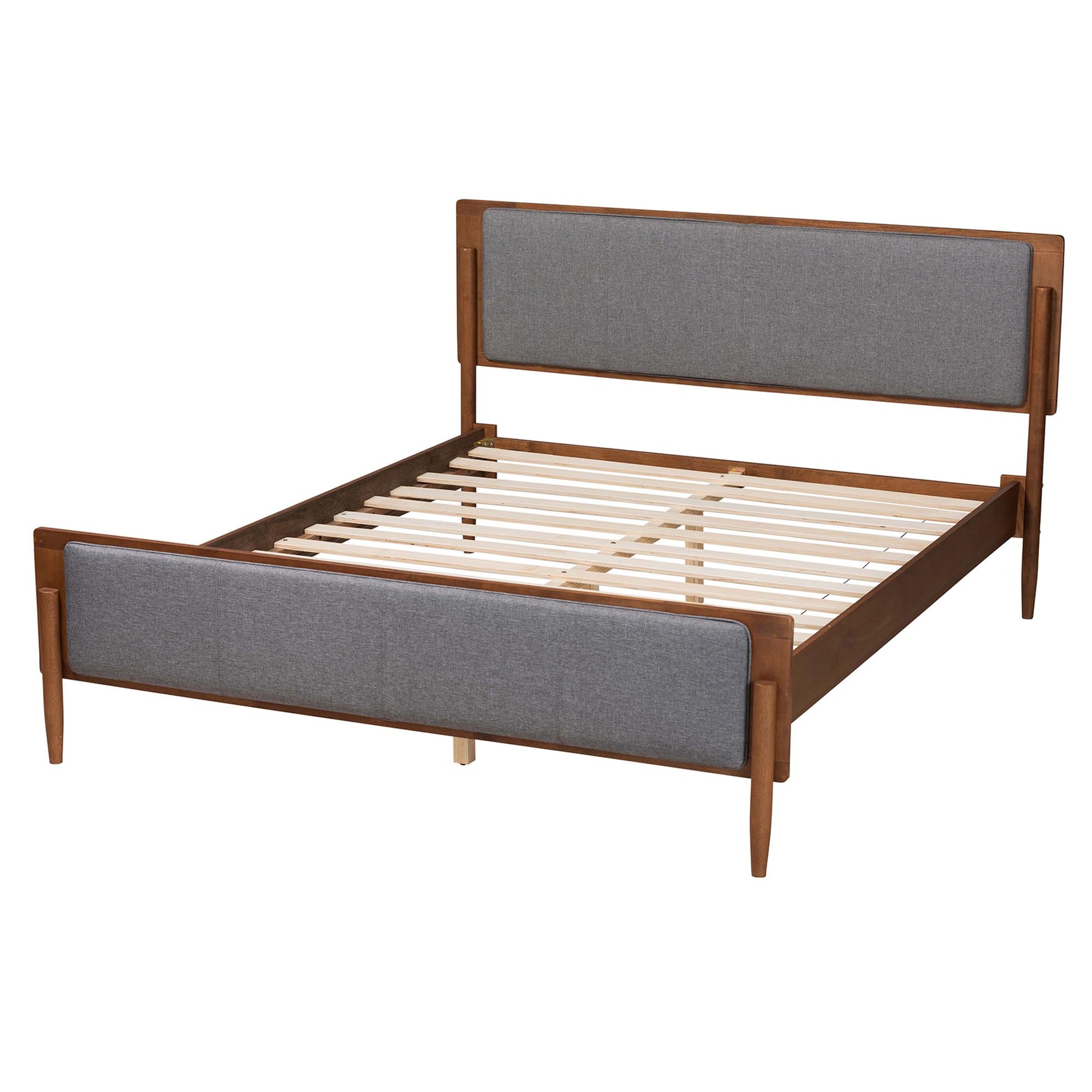 Baxton Studio Powers Mid-Century Modern Grey Fabric and Ash Walnut Finished Wood Queen Size Platform Bed | Beds | Modishstore - 4