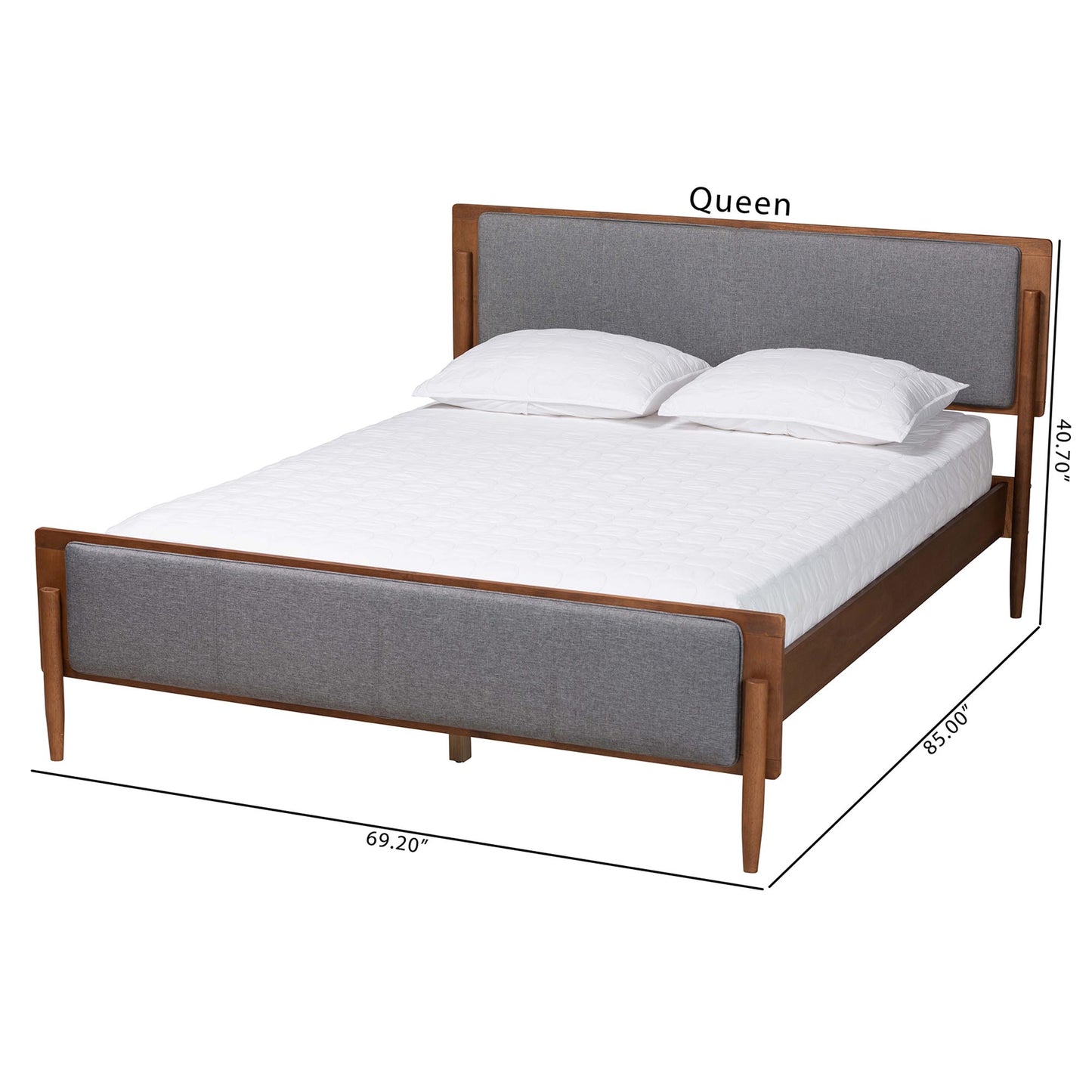 Baxton Studio Powers Mid-Century Modern Grey Fabric and Ash Walnut Finished Wood Queen Size Platform Bed | Beds | Modishstore - 8