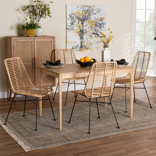 Baxton Studio Manhattan Modern Bohemian Rattan and Natural Oak Finished Wood 5-Piece Dining Set | Dining Sets | Modishstore