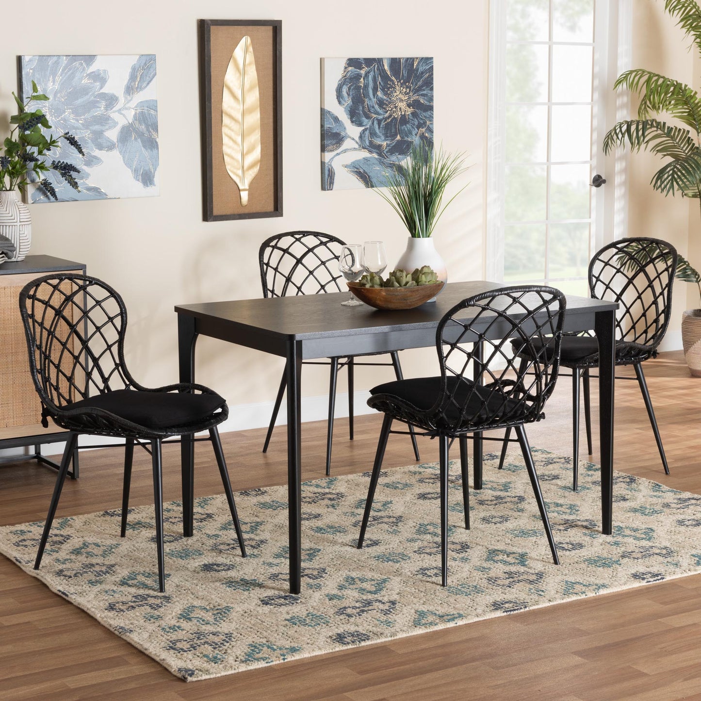 Baxton Studio Sabelle Modern Bohemian Black Finished Wood and Rattan 5-Piece Dining Set | Dining Sets | Modishstore