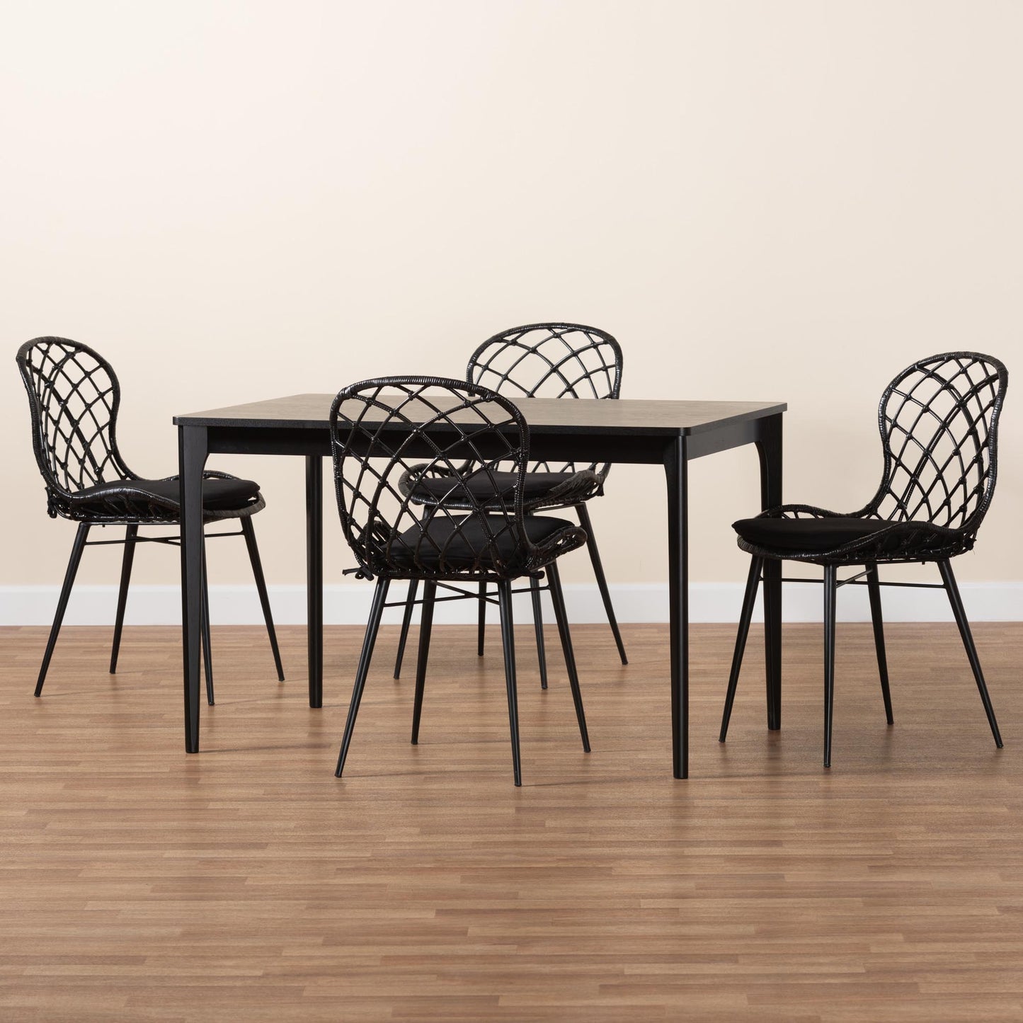 Baxton Studio Sabelle Modern Bohemian Black Finished Wood and Rattan 5-Piece Dining Set | Dining Sets | Modishstore - 9