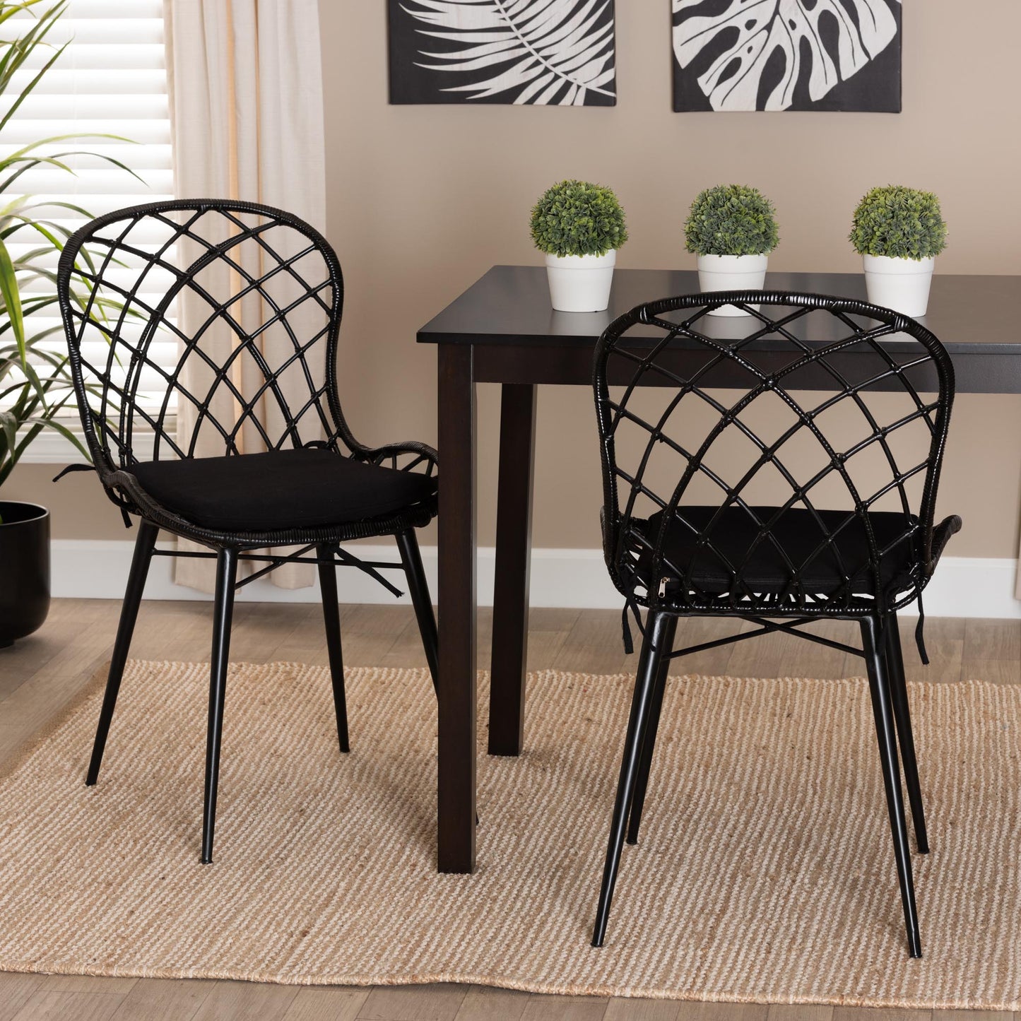 Baxton Studio bali & pari Sabelle Modern Bohemian Black Finished Rattan and Metal 2-Piece Dining Chair Set | Dining Chairs | Modishstore