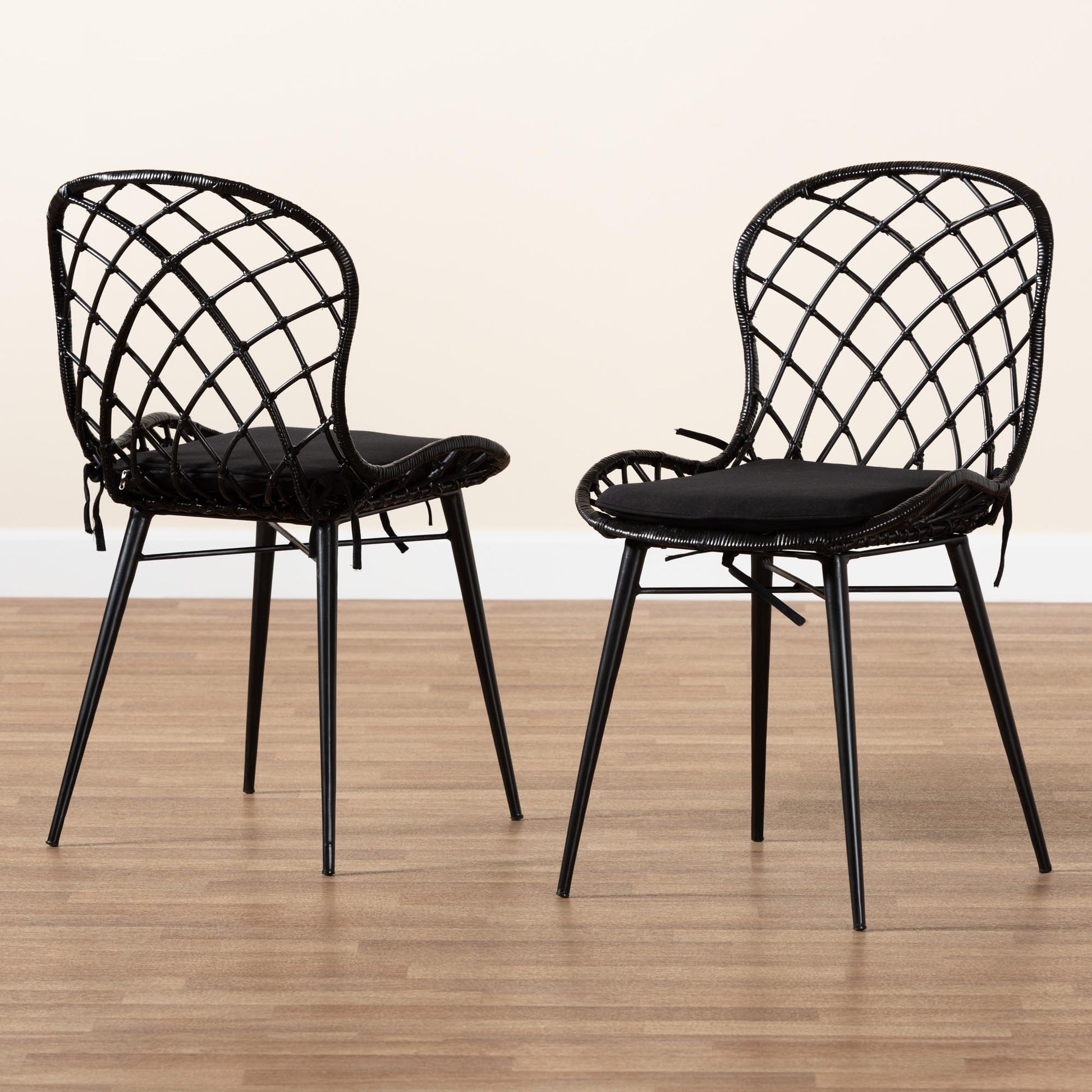 Baxton Studio bali & pari Sabelle Modern Bohemian Black Finished Rattan and Metal 2-Piece Dining Chair Set | Dining Chairs | Modishstore - 9